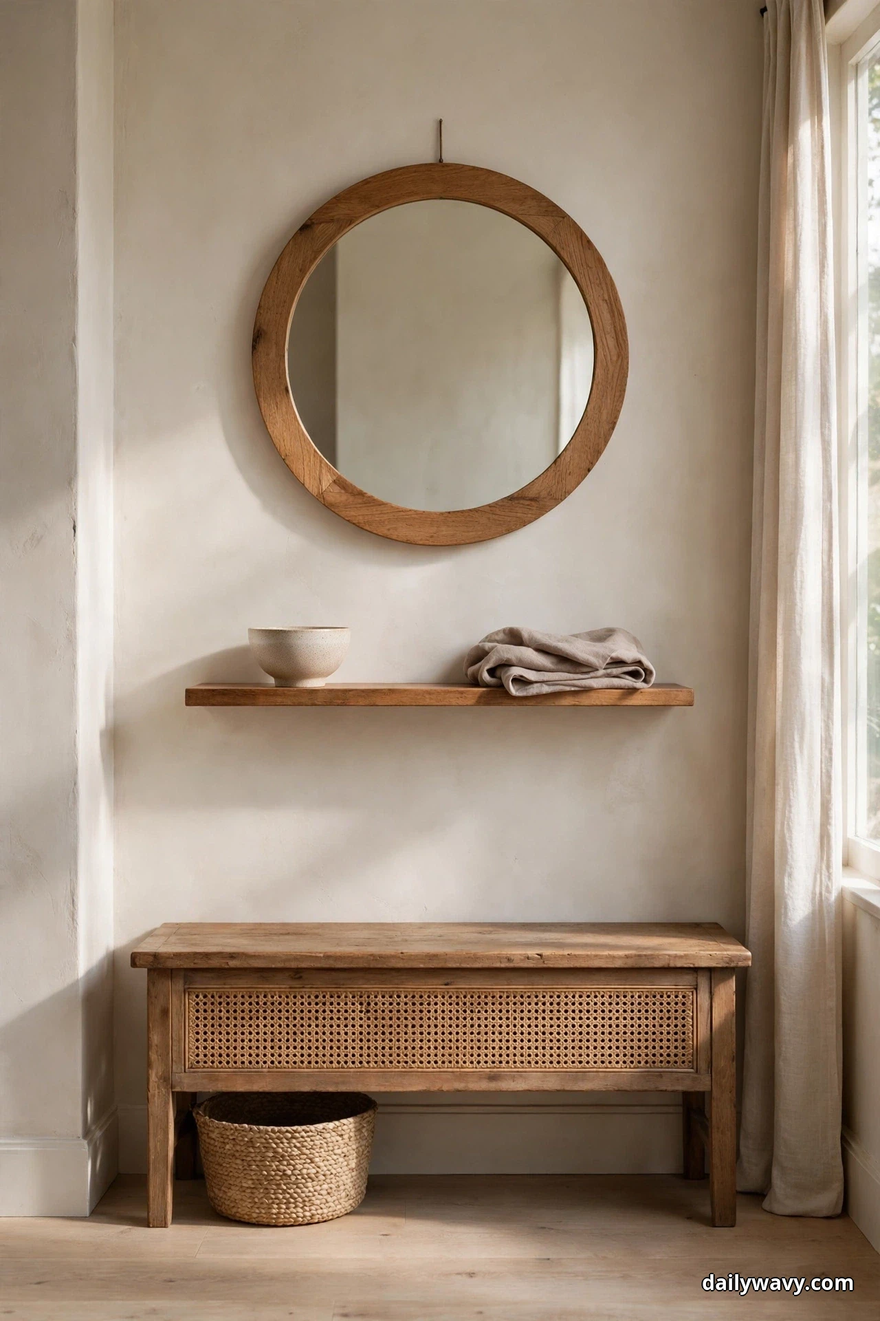 A large round mirror in a thick wood frame hangs above a shallow floating shelf holding a ceramic bowl and a folded cloth, over a cane-front wood entryway bench with a woven basket underneath