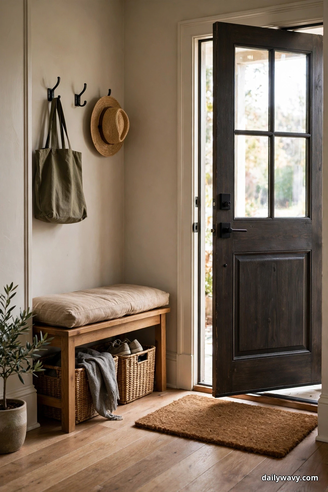 A brown coir doormat lies inside an open dark wood front door with glass panes, beside a cushioned entryway bench with woven shoe baskets underneath and wall hooks holding a canvas tote and a straw hat