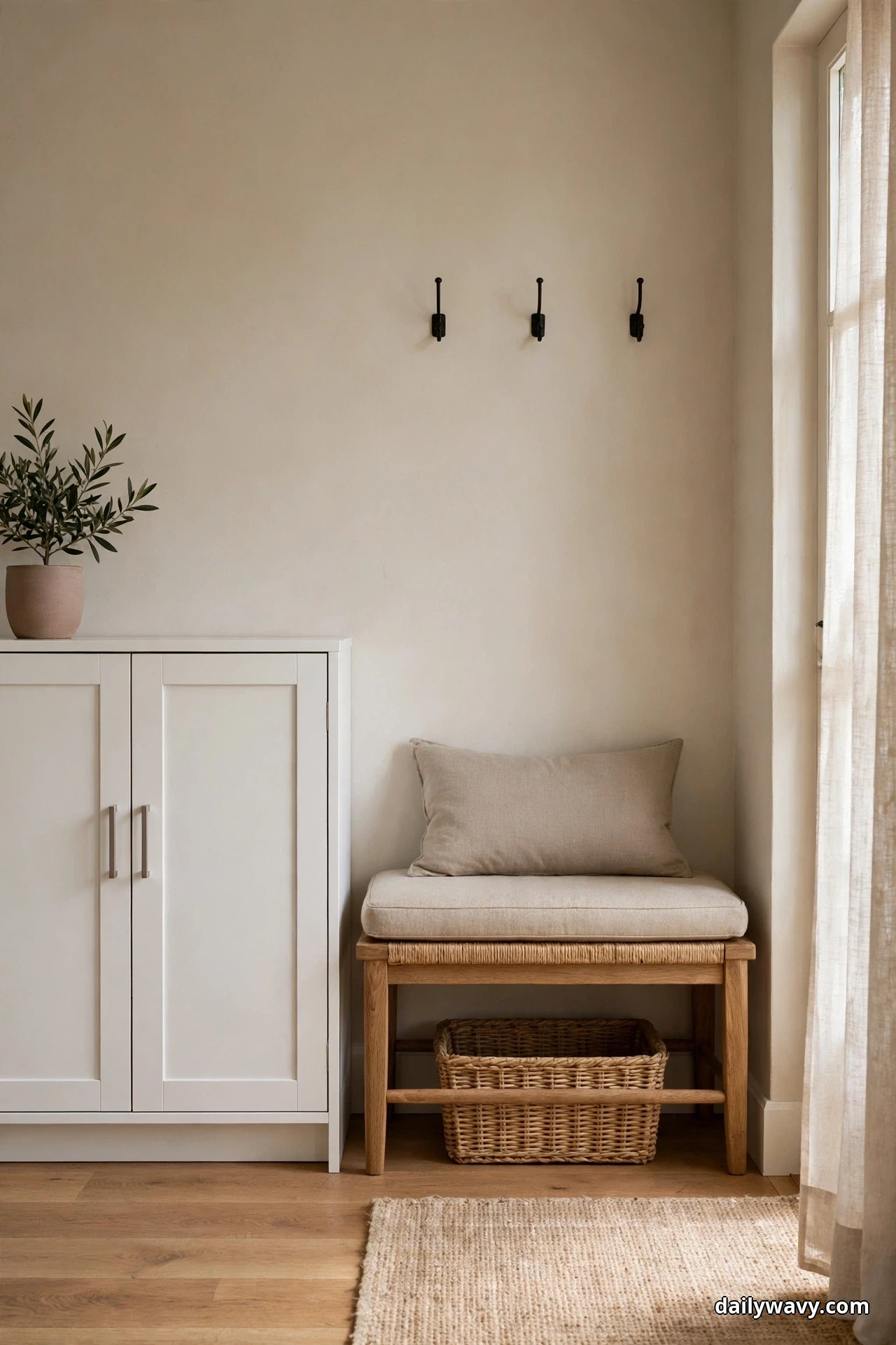 A slim white two-door shoe cabinet with silver bar handles stands beside a cushioned entryway bench, with a potted olive plant on top of the cabinet, three black wall hooks above the bench and a woven basket underneath