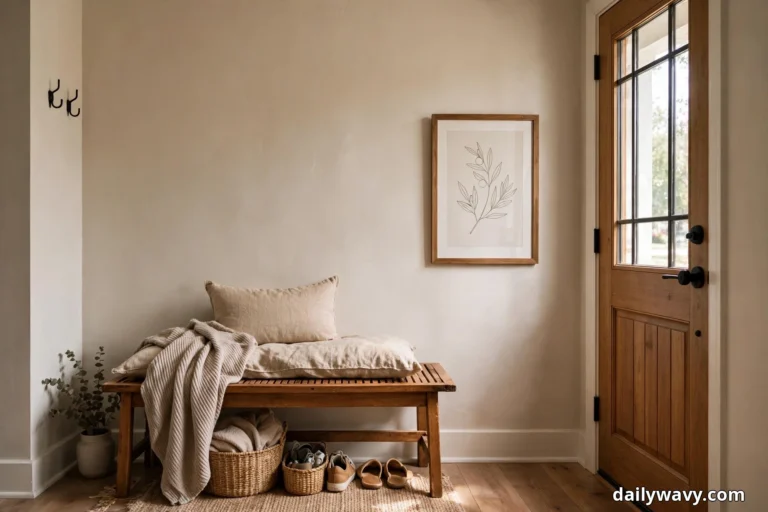A wide view shows a wood slatted entryway bench with a beige linen cushion, a matching pillow and a draped knit throw beneath a framed botanical line print in a wood frame, with woven baskets and shoes tucked underneath, a potted eucalyptus on the floor at the left and a wood front door with glass panes at the right
