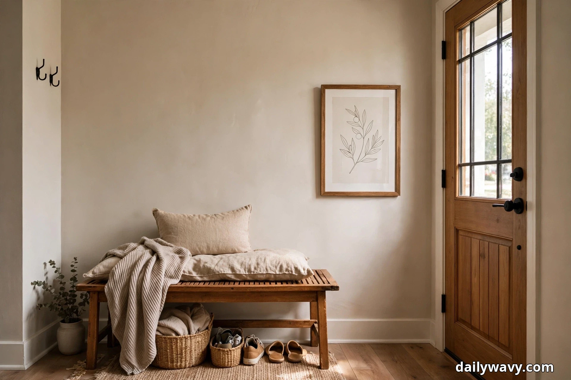 A wide view shows a wood slatted entryway bench with a beige linen cushion, a matching pillow and a draped knit throw beneath a framed botanical line print in a wood frame, with woven baskets and shoes tucked underneath, a potted eucalyptus on the floor at the left and a wood front door with glass panes at the right
