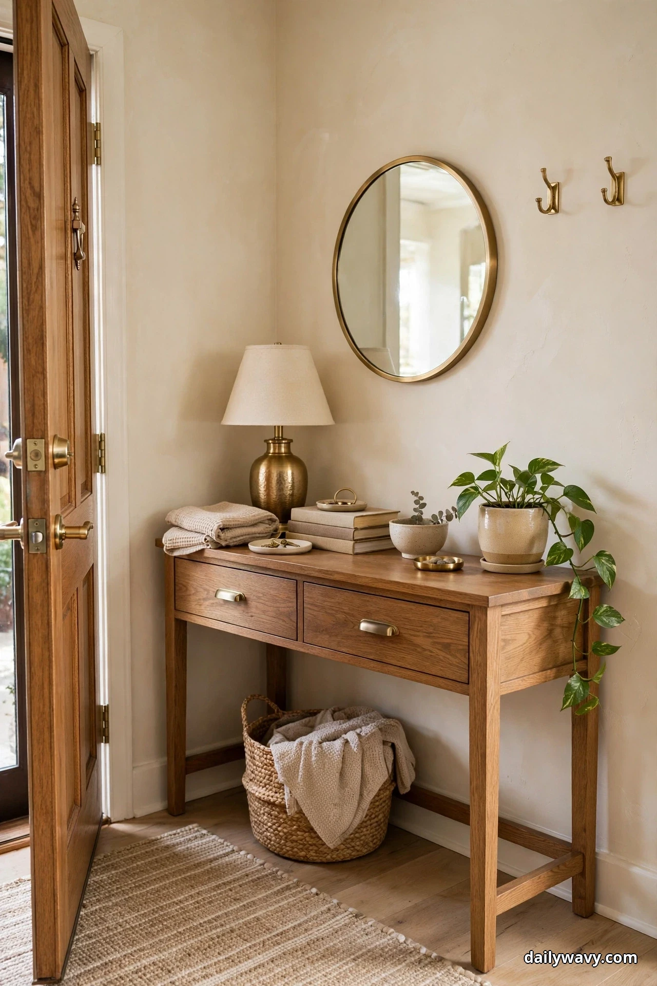 A pothos in a ceramic pot trails over the far end of a wood console table under a round brass-framed mirror, away from the open wood front door at the other end, with a brass lamp, a stack of books and a folded blanket on the surface and a woven basket beneath