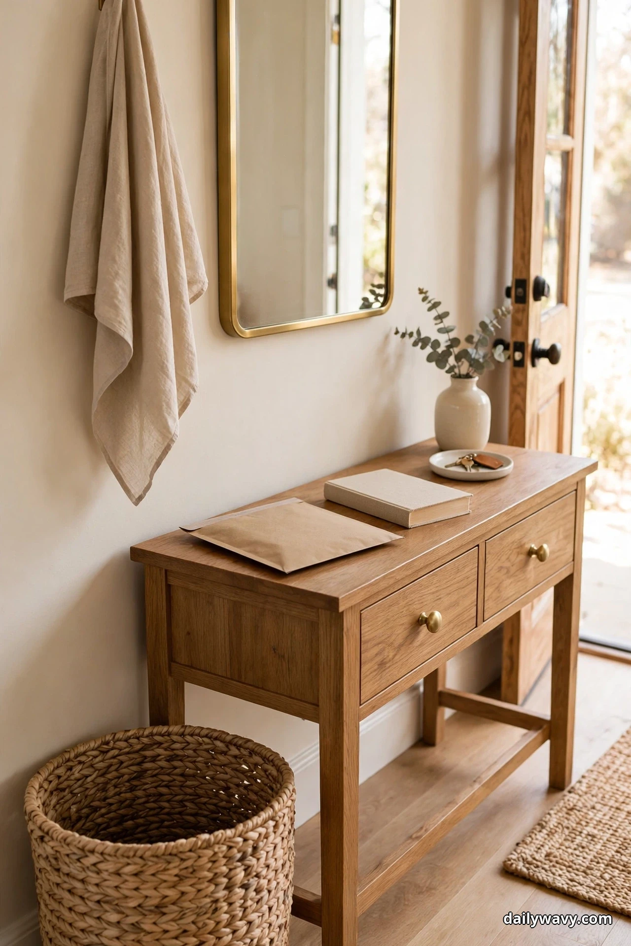A large empty woven basket stands on the floor beside a wood console table holding a padded mailer and a book, ready for items on their way out of the house, under a brass-framed mirror near the front door