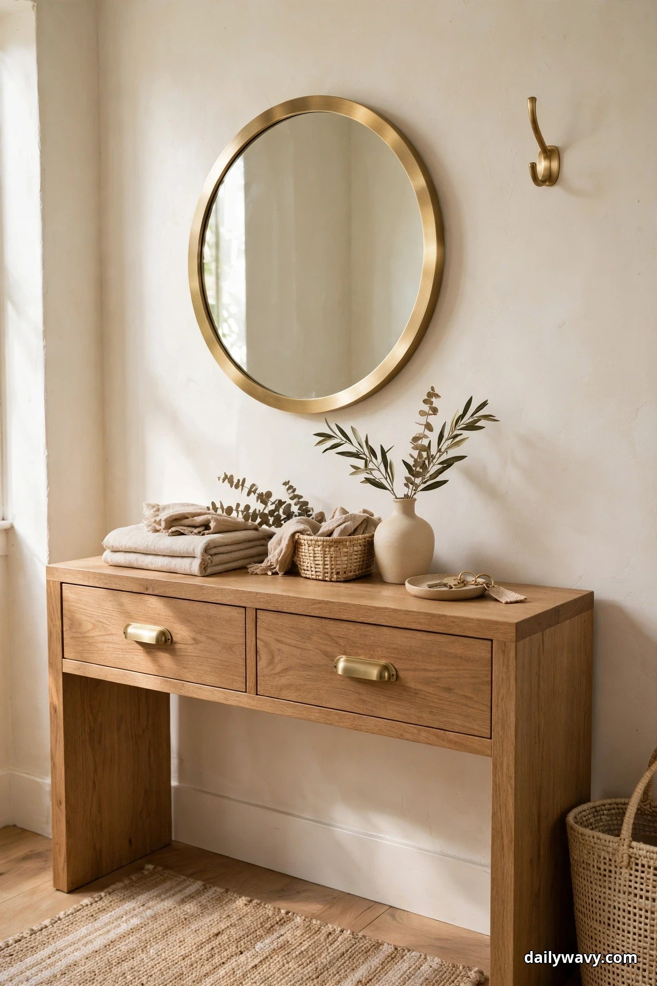 Brass repeats across an entryway in the frame of a round mirror, the cup pulls on a wood console table's drawers, a wall hook and a small key dish on the surface