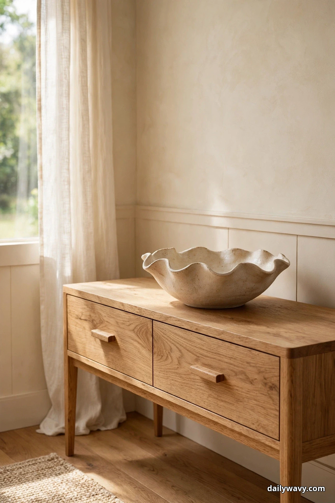 A large shallow ceramic bowl with a wavy rim sits empty as the single focal point on a wood console table beside a curtained window