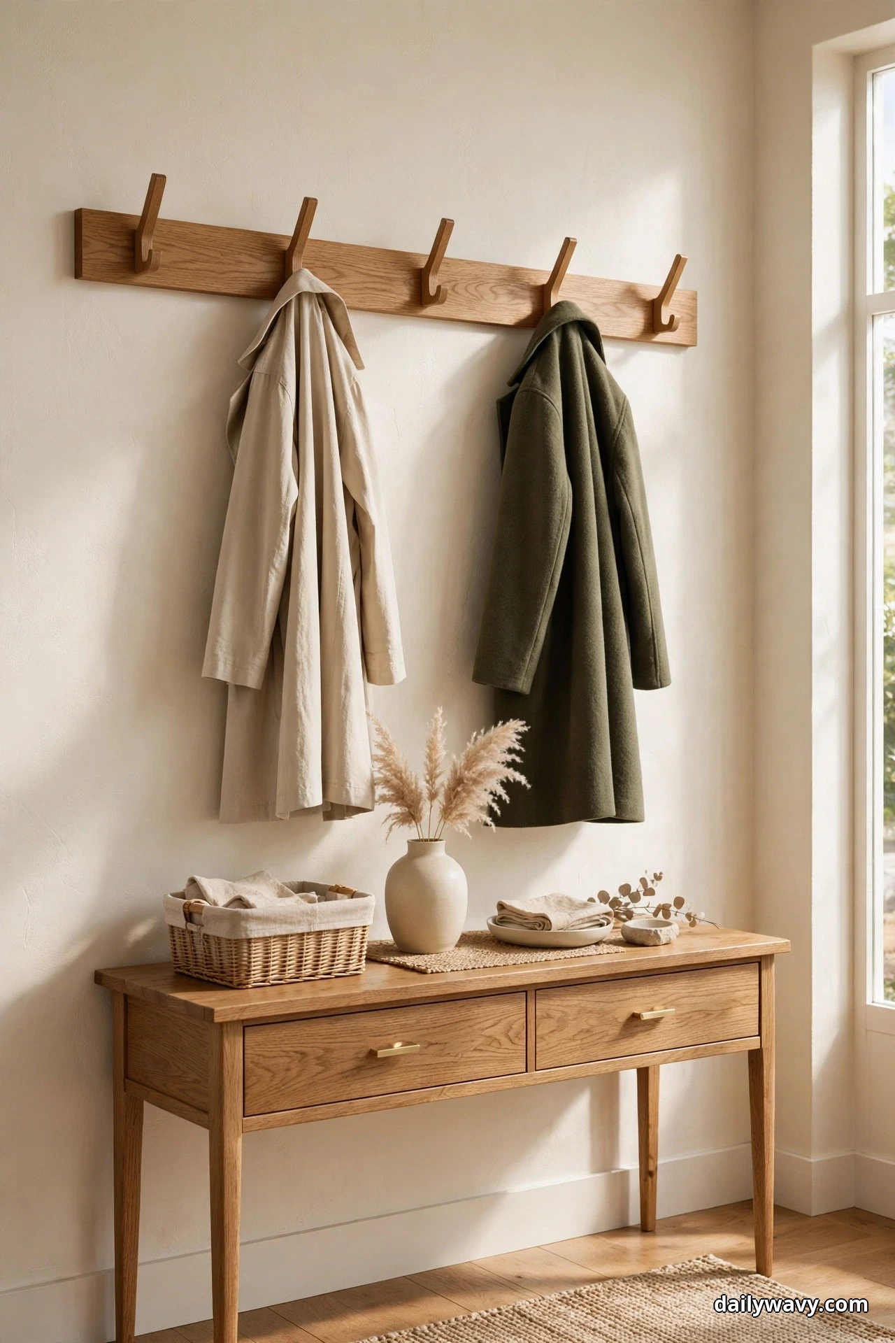 A wood coat rail with five evenly spaced hooks holds two coats with clear space between them on the wall above a wood console table