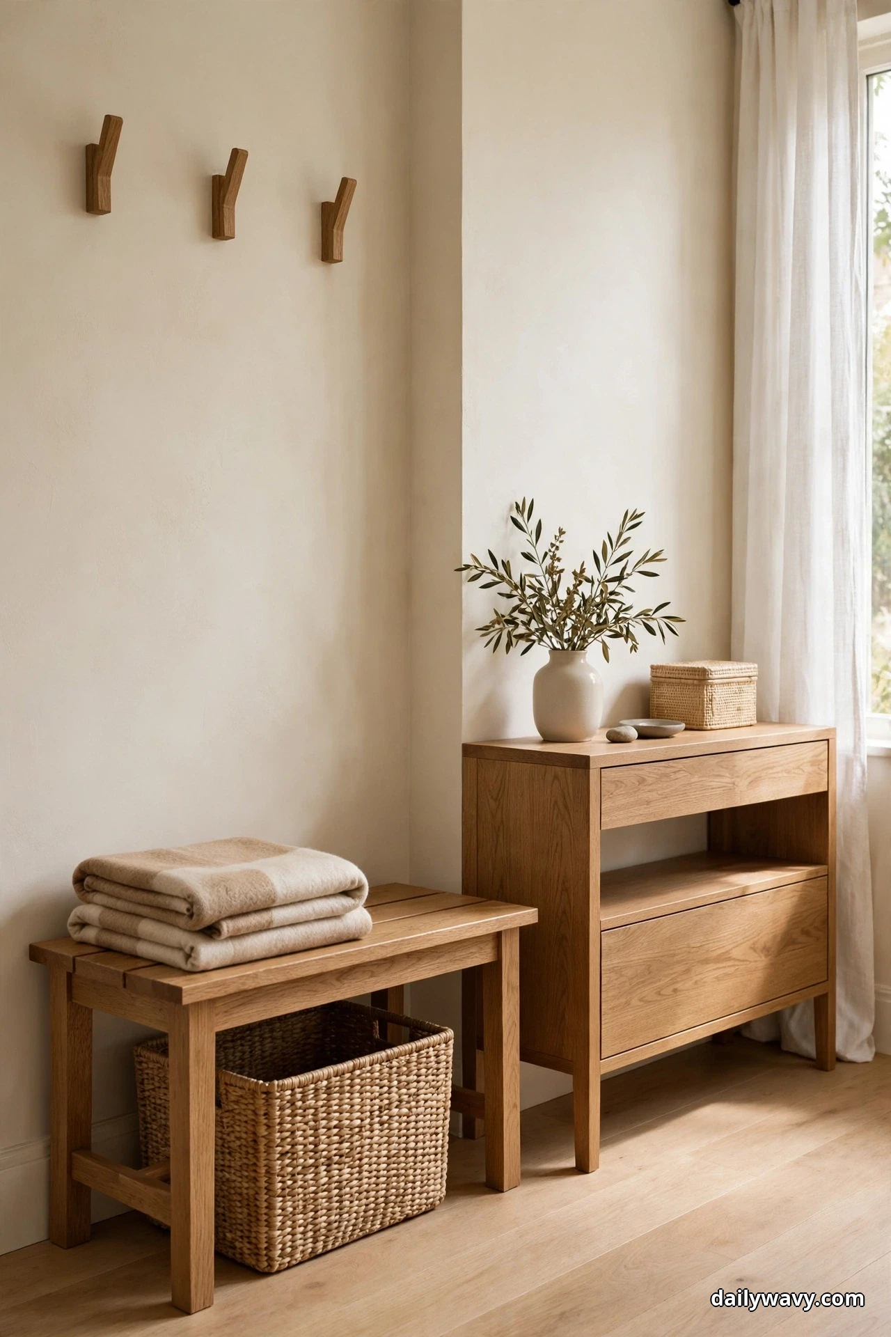 A folded beige plaid blanket rests on the corner of a wood entry bench beside a wood cabinet, with a woven basket tucked underneath the bench and three wood wall hooks above