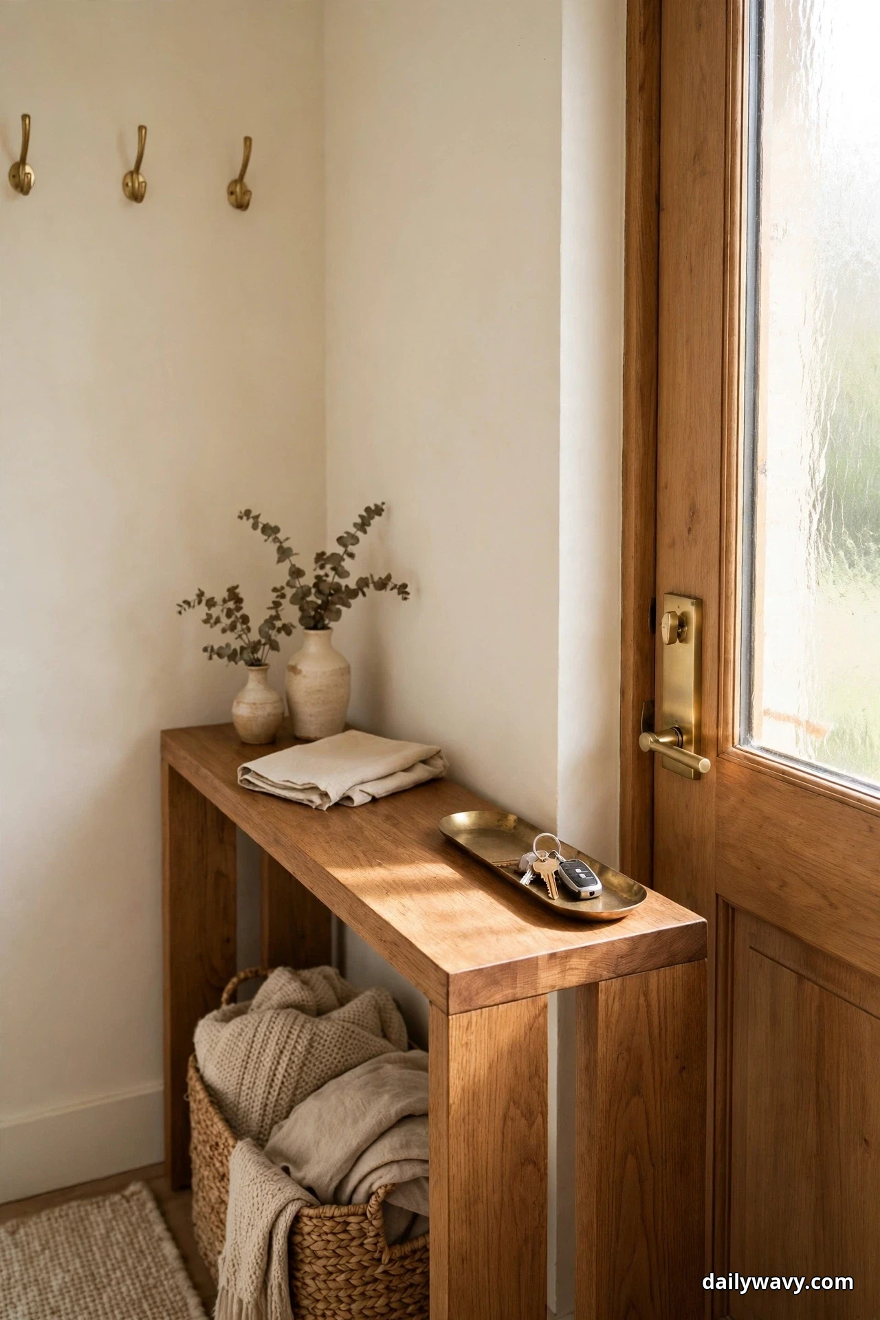 A narrow brass tray holding keys and a car fob sits at the door end of a slim wood console table beside a glazed wood front door, with brass wall hooks on the wall above the far end