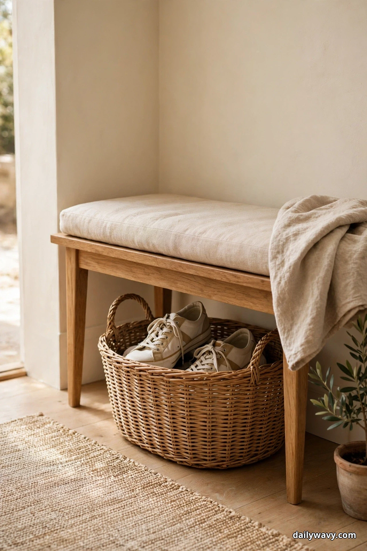 A wide woven basket with handles holding a pair of sneakers tucks beneath a cushioned wood entry bench, mostly hidden from view