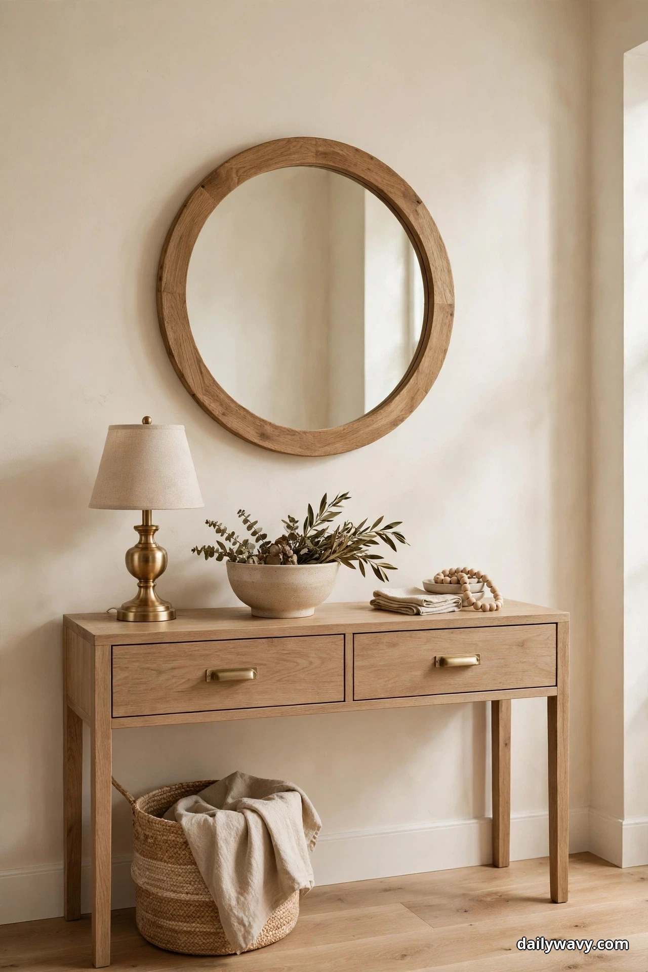 A large round wood-framed mirror hangs centered over a shallow wood console table styled with a brass lamp and a ceramic bowl, with a woven basket beneath