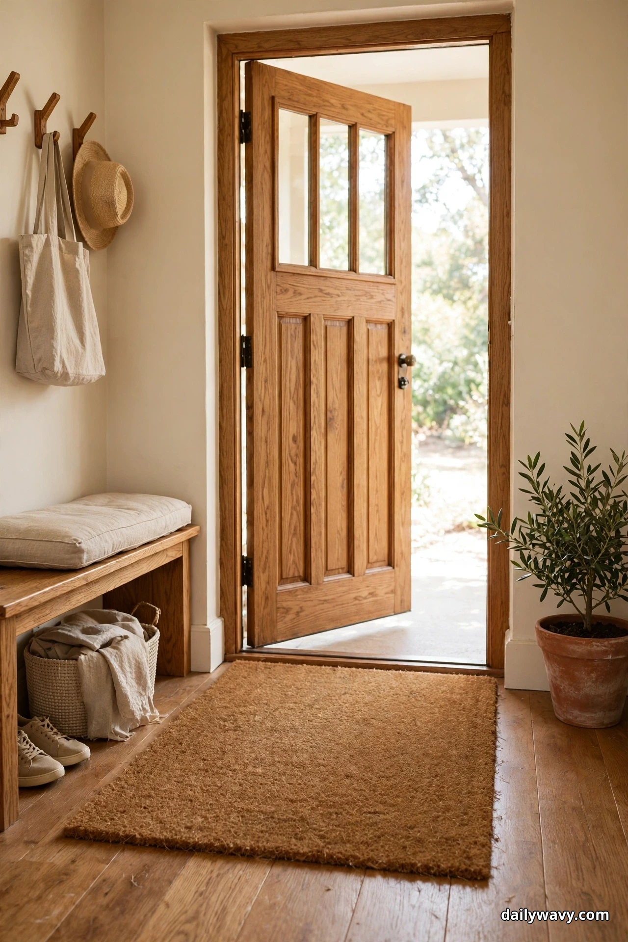A thick coir mat lies inside an open wood front door on a wood floor, beside a cushioned bench with a tote bag and a straw hat hanging on hooks above it