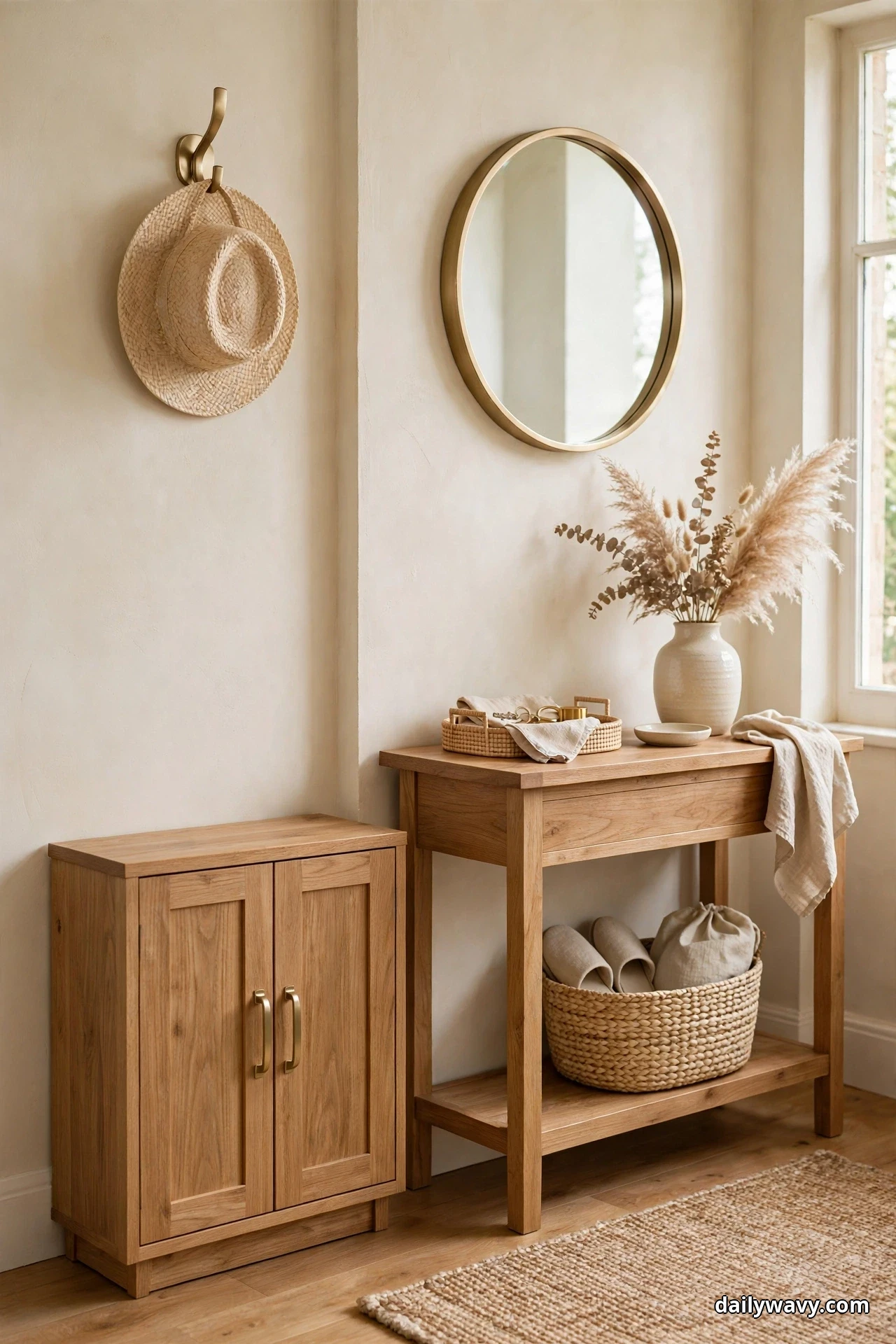 A compact closed wood shoe cabinet with two doors and brass handles stands beside a wood console table under a round brass-framed mirror, hiding the shoes stored inside