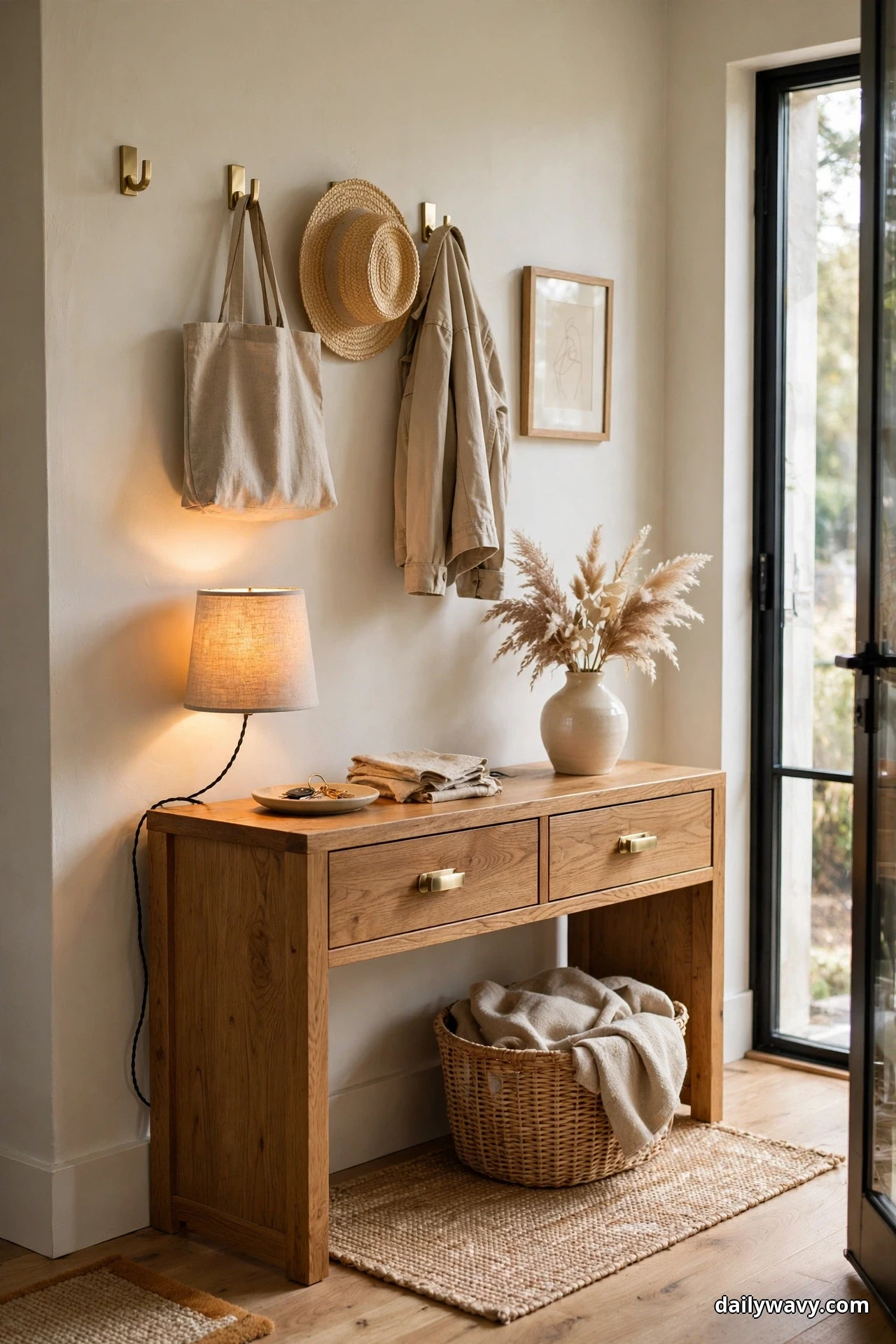 A small lamp with a linen shade glows at the end of a wood console table next to a key dish, its cord running down the wall beside the table, with hooks holding a tote, a straw hat and a jacket above