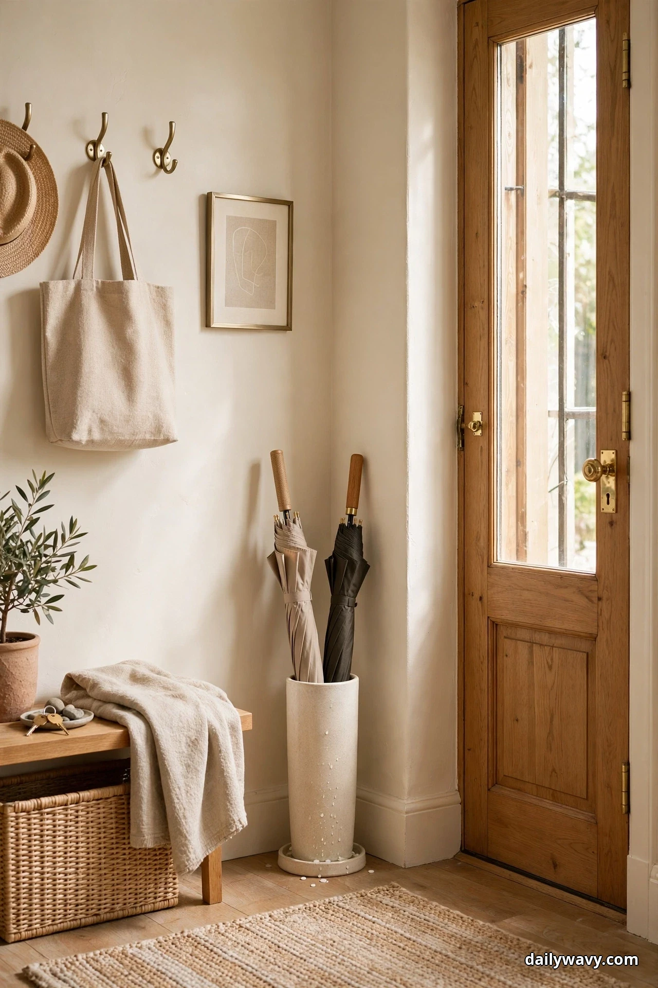 A tall slim ceramic umbrella holder on a drip tray holds two closed umbrellas in the corner beside a glazed wood front door, clear of the door's swing