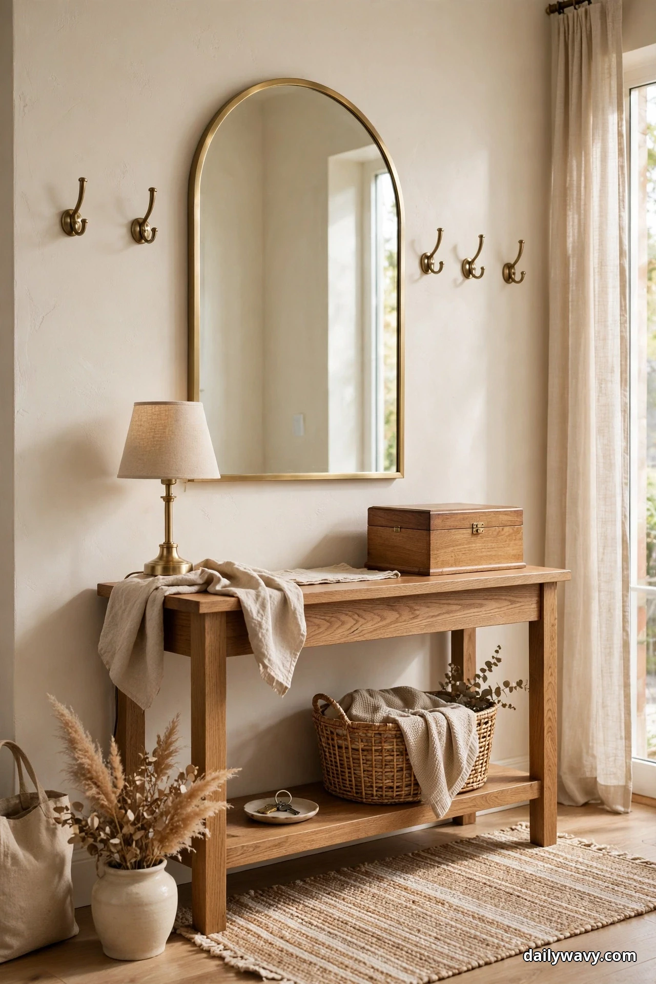 A lidded wood box with a brass latch sits at one end of a wood console table under an arched brass-framed mirror, with a small brass lamp at the opposite end
