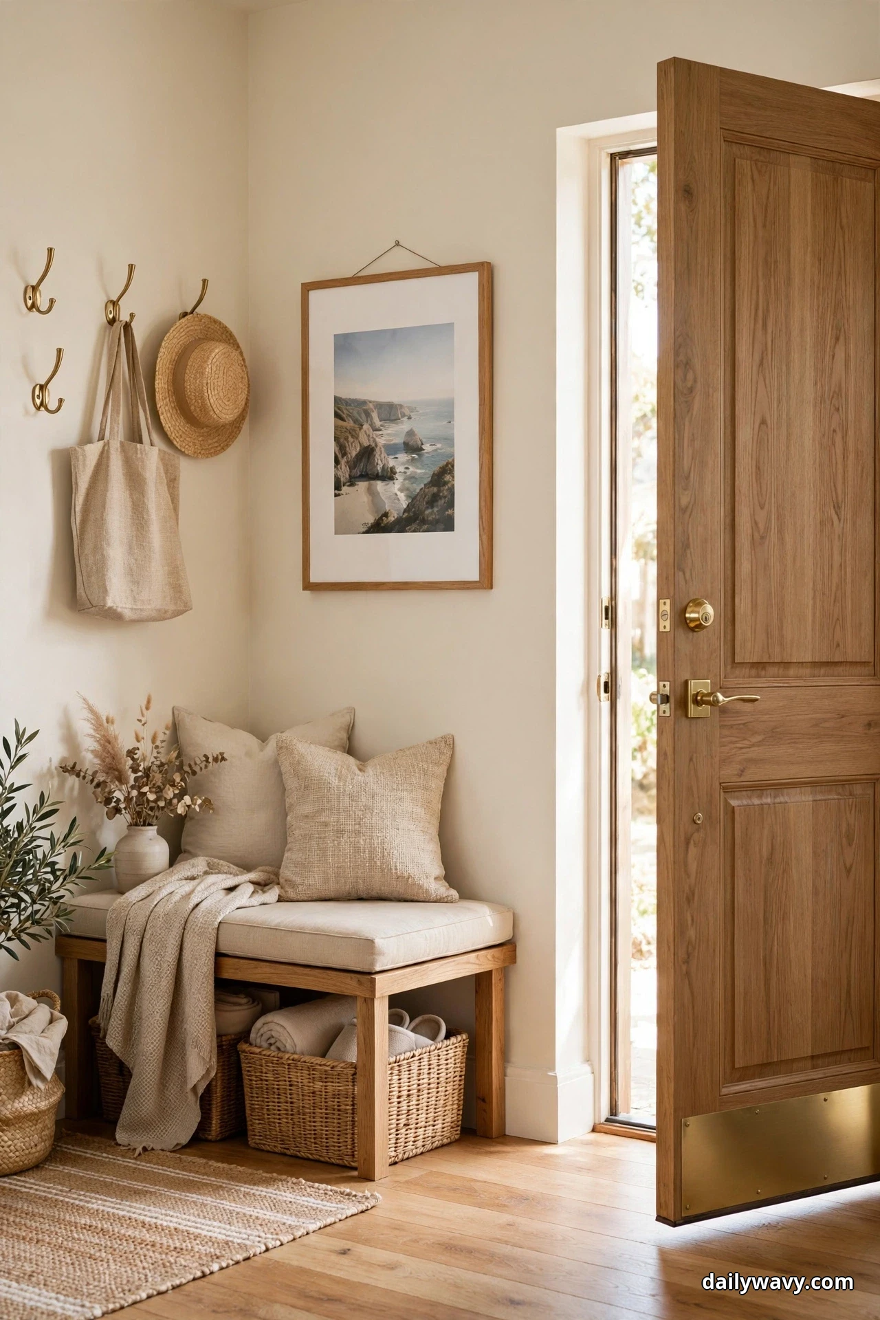 A framed coastal print with generous white matting hangs on the wall beside an open wood front door, above a cushioned bench with woven baskets tucked beneath it