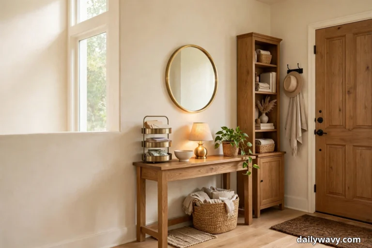 A wood console table styled with a tiered brass mail tray, a ceramic bowl, a lit brass lamp and a trailing pothos in a woven pot stands under a round brass-framed mirror, with a woven basket of folded blankets beneath it, a tall narrow wood bookcase of folded linens and baskets at its right end and a wood front door with a coir mat beside it