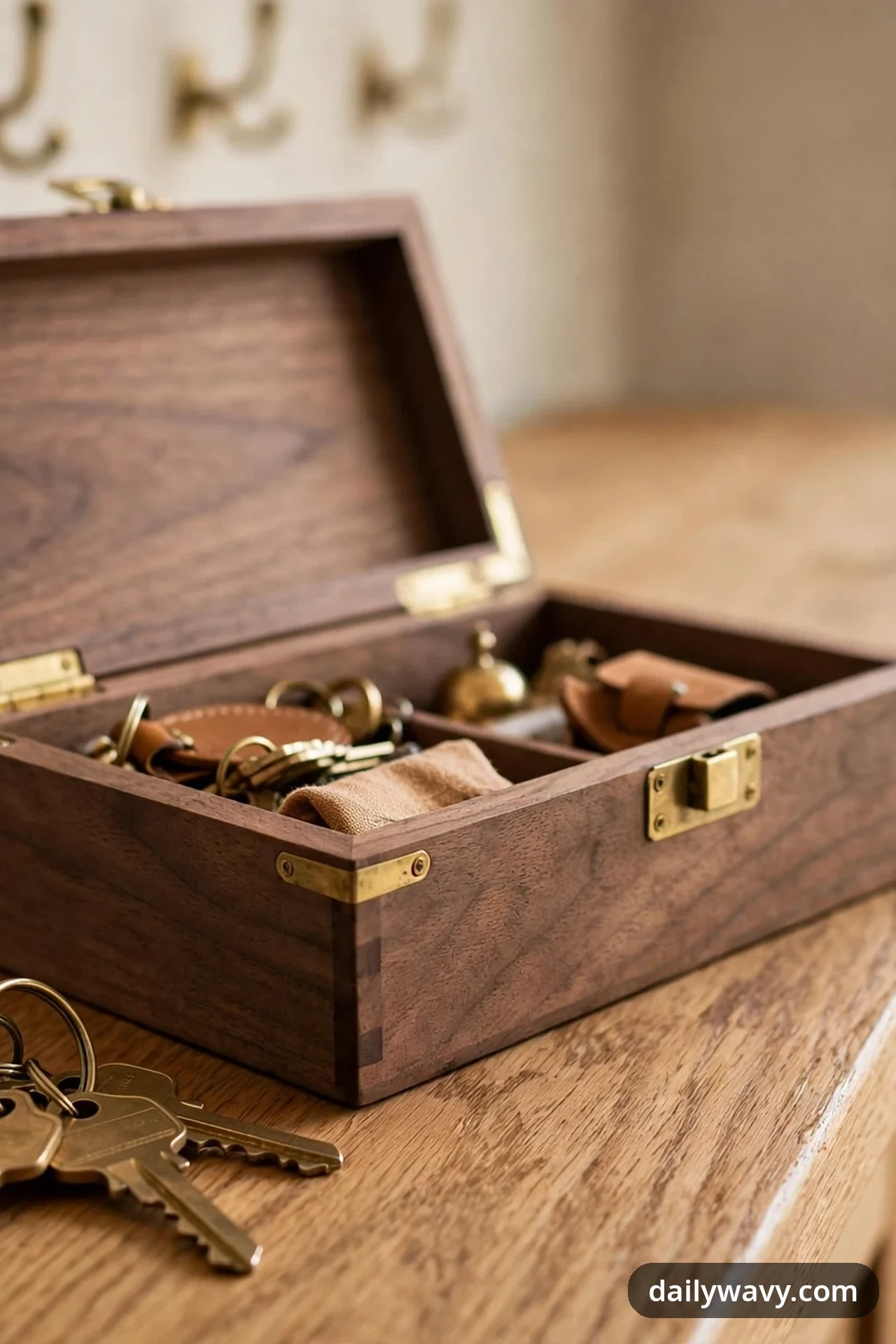 An open wooden box with brass fittings sits on a console table, holding keys and leather key fobs inside, with another set of keys resting beside it.