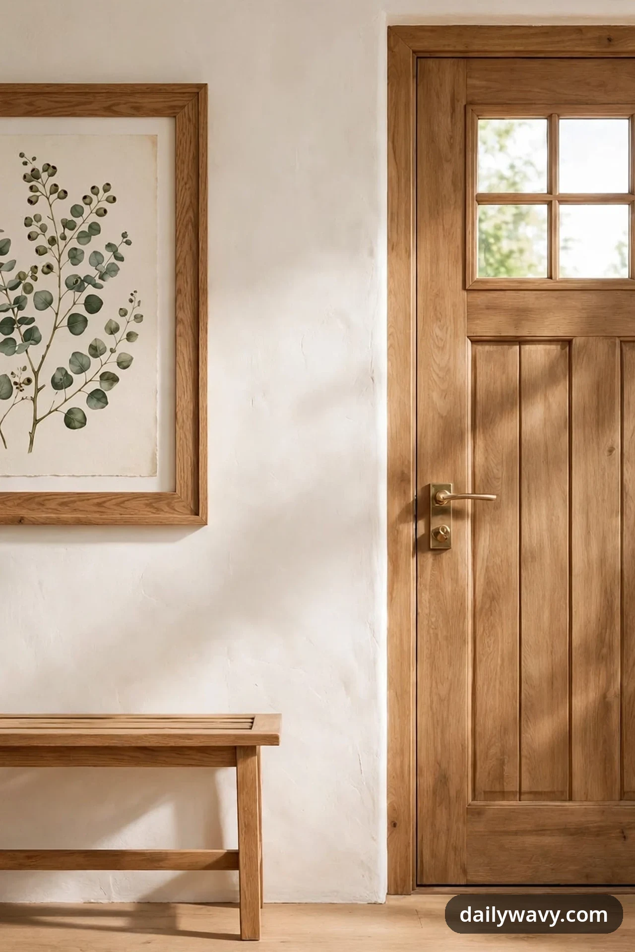 A framed botanical print in an oak frame hangs on the wall beside a wooden front door, above the end of a wooden bench.
