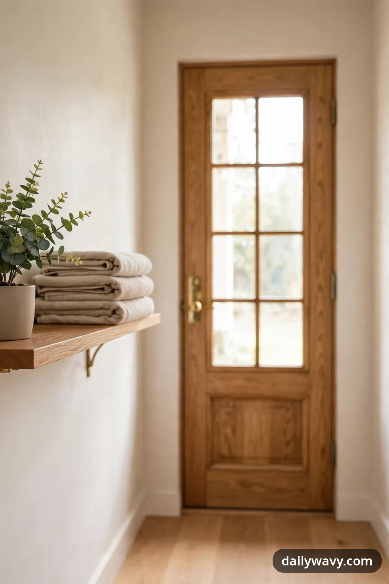 A narrow wooden wall shelf mounted on a brass bracket holds a neat stack of folded beige linens beside a glazed wooden front door.
