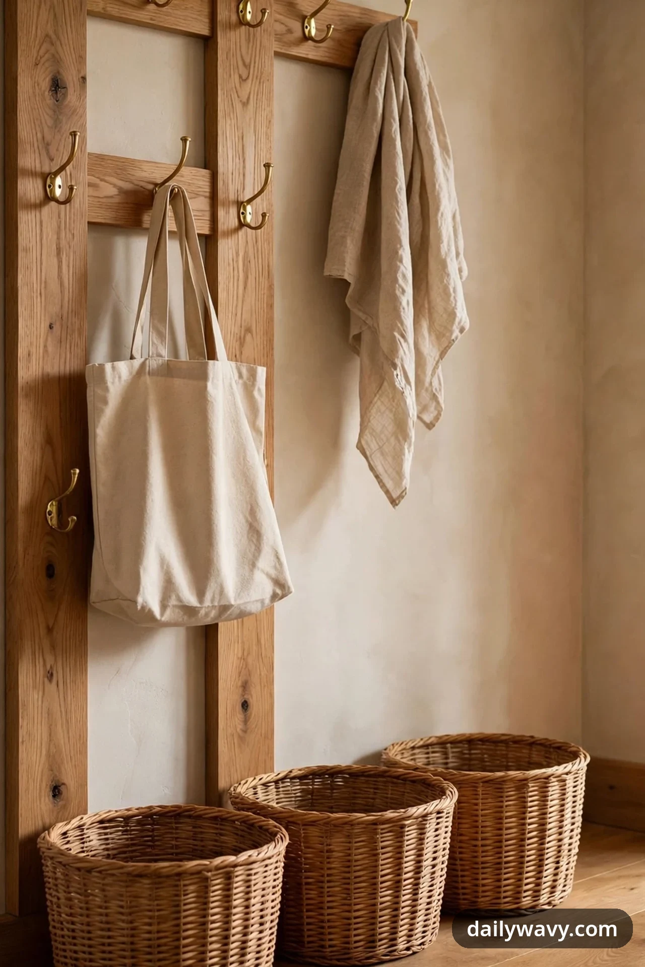 A vertical arrangement of wooden boards fitted with brass hooks at staggered heights holds a canvas tote bag and a draped linen cloth, with three woven baskets lined up on the floor below.