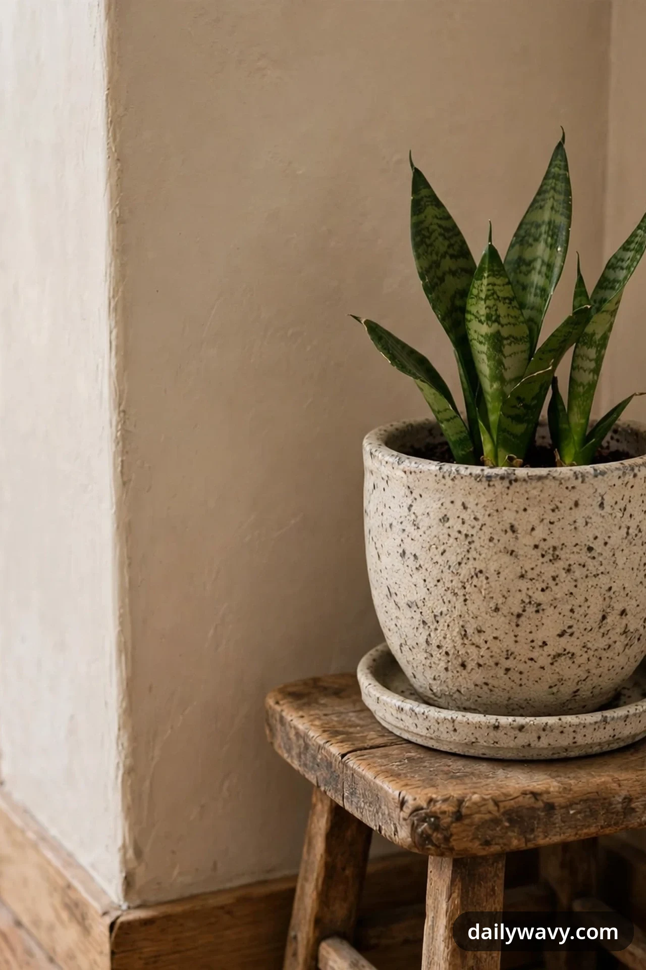 A snake plant in a speckled ceramic pot with a matching saucer sits on a rustic wooden stool tucked into a corner.