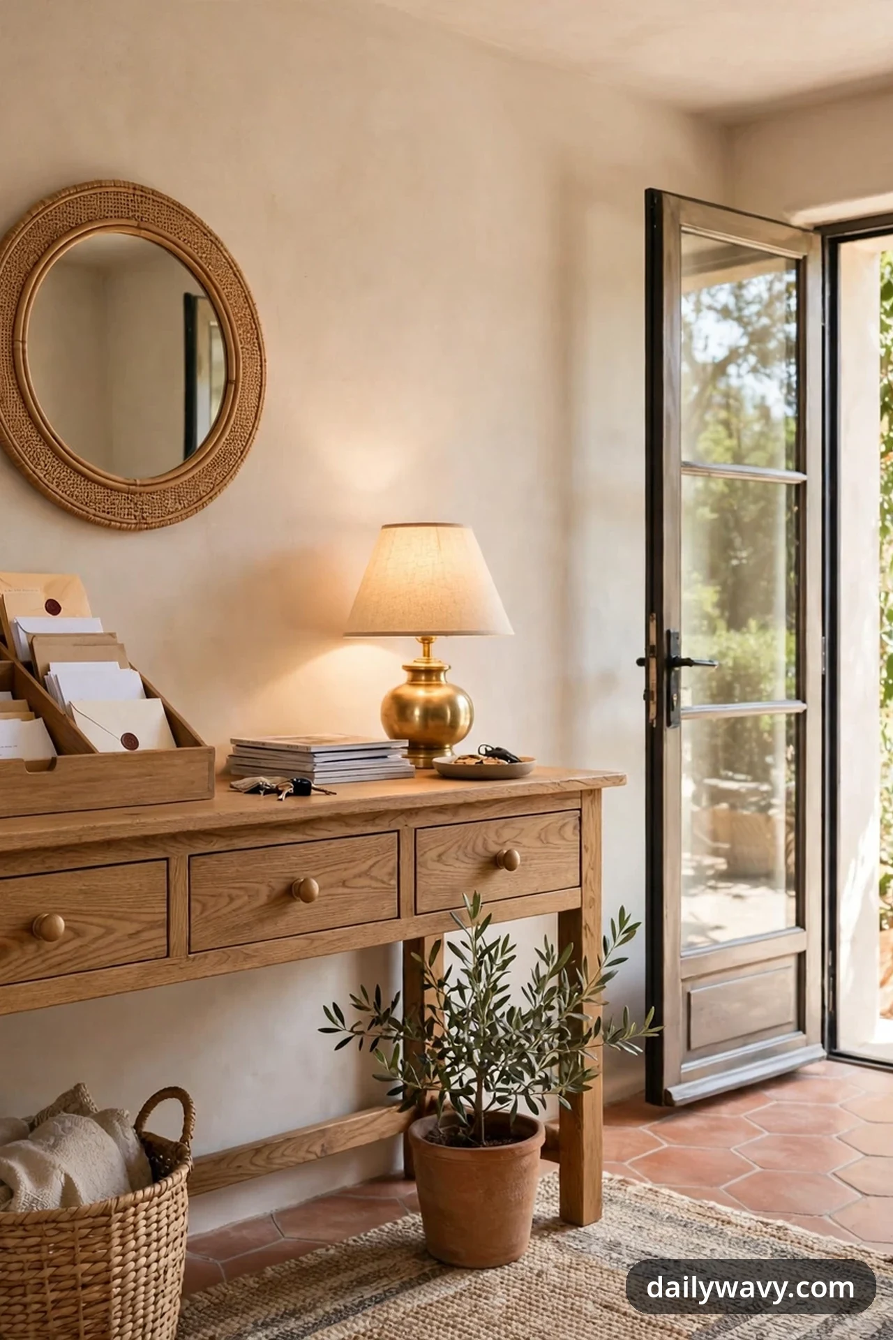 A wooden mail organizer filled with envelopes stands on a console table beside a lit brass lamp and a stack of magazines, beneath a round rattan-framed mirror.