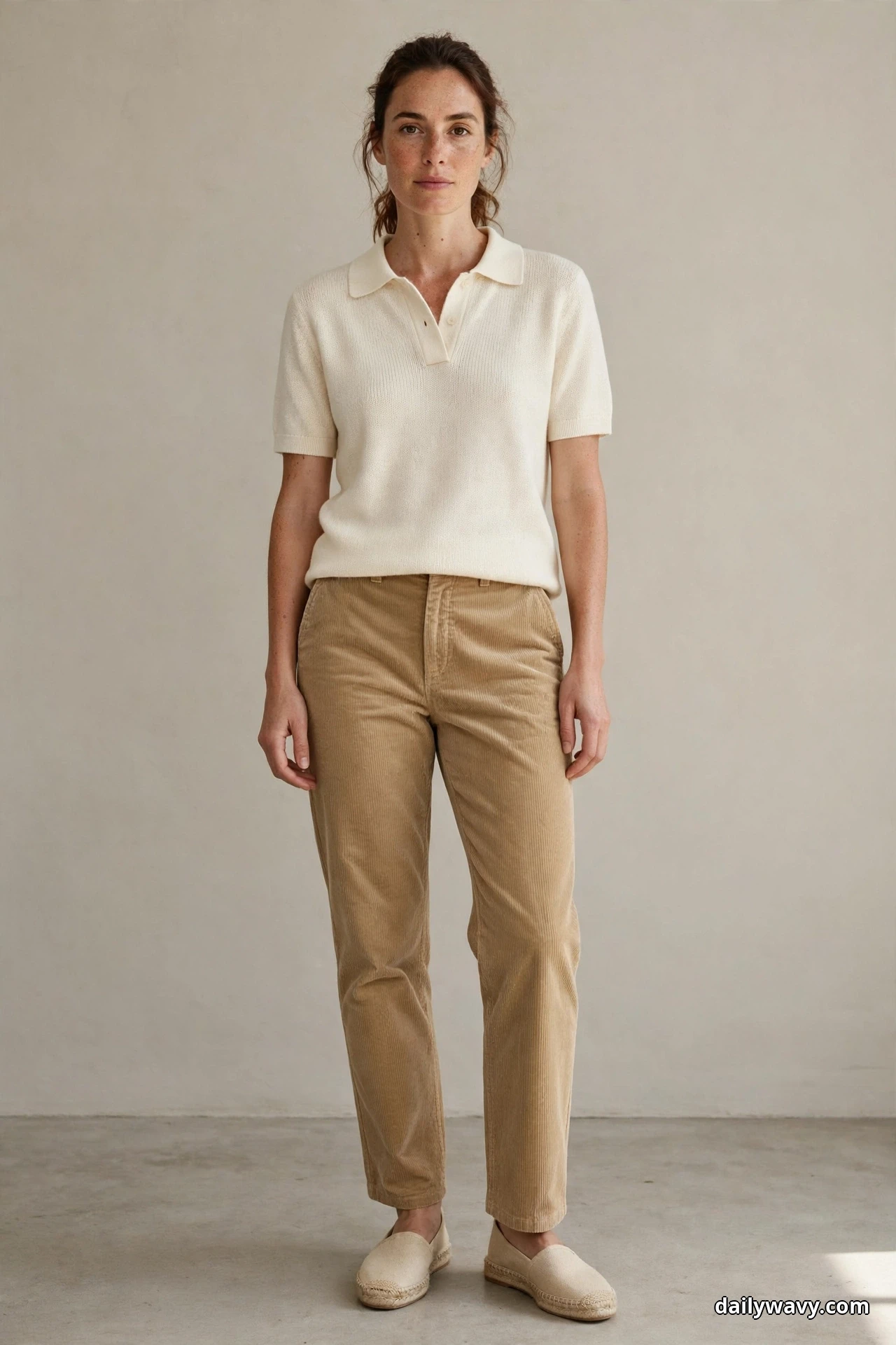A woman wearing tan corduroy trousers, a cream knit polo and natural canvas flat espadrilles stands full length against a plain wall with both espadrilles showing fully below the ankle-length hems