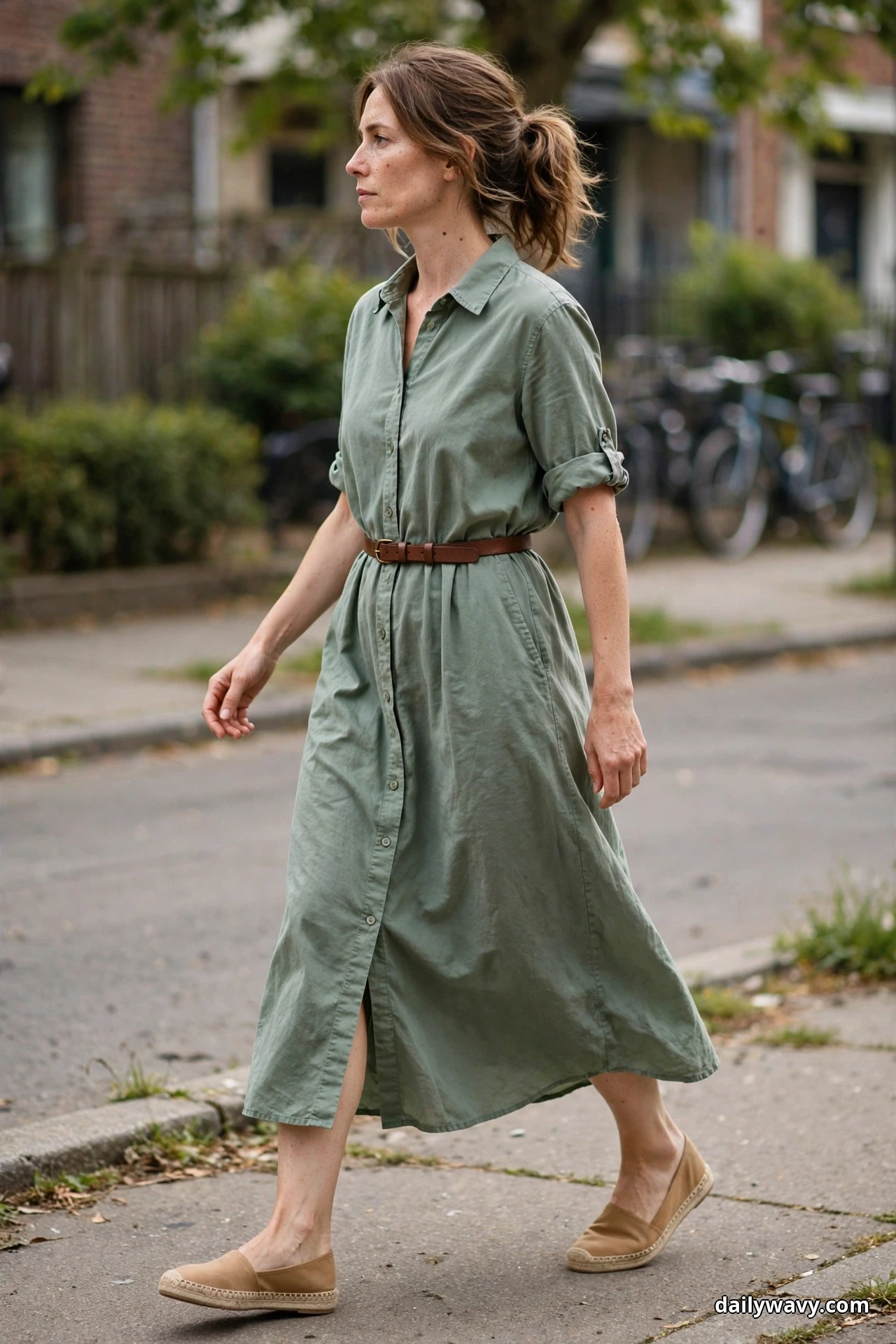 A woman wearing a sage shirt dress cinched with a narrow brown belt walks along a sidewalk in tan flat espadrilles that show in full with each step