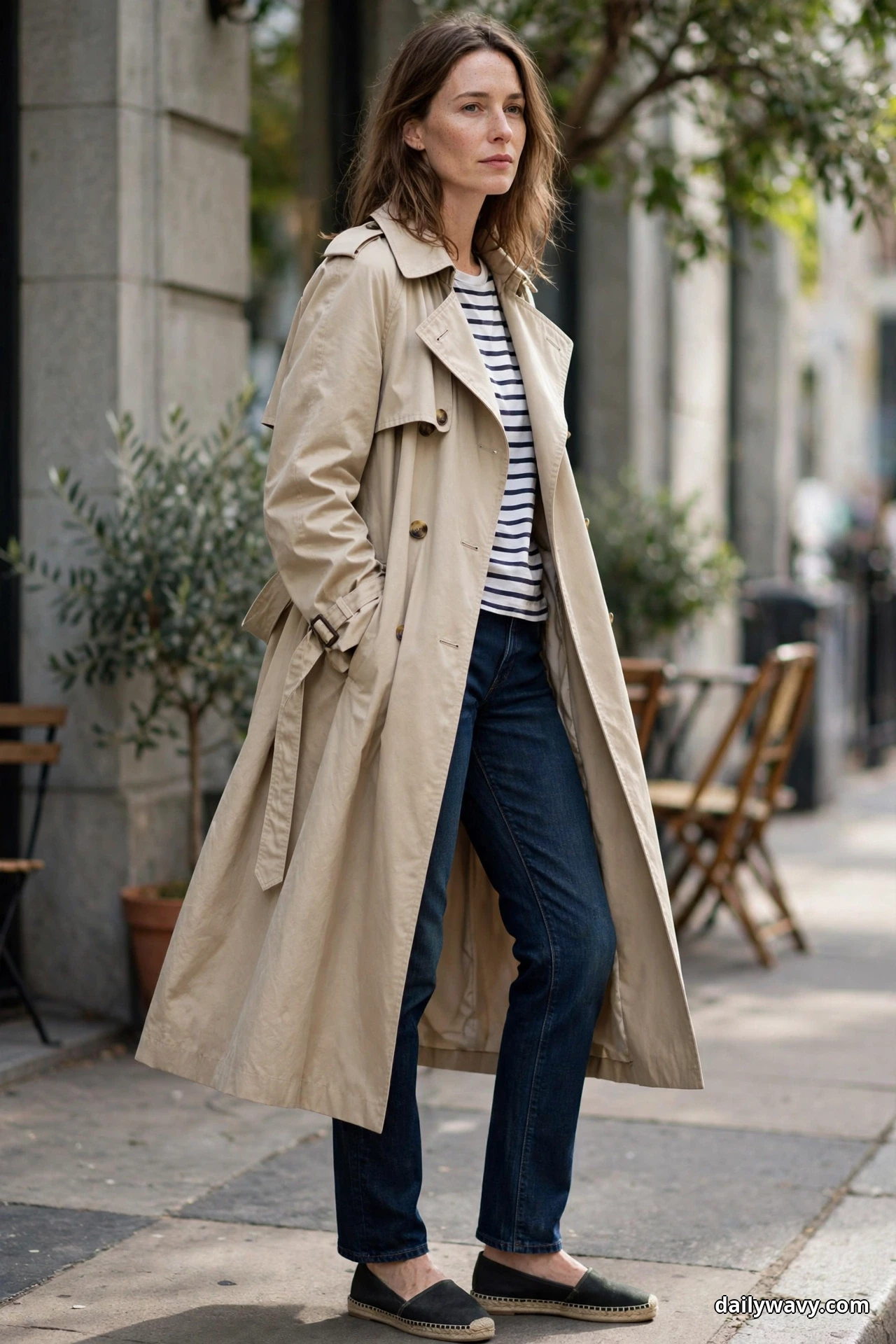 A woman wearing dark straight jeans, a striped tee and a long beige trench coat stands on a city sidewalk with black flat espadrilles showing fully below the ankle hems