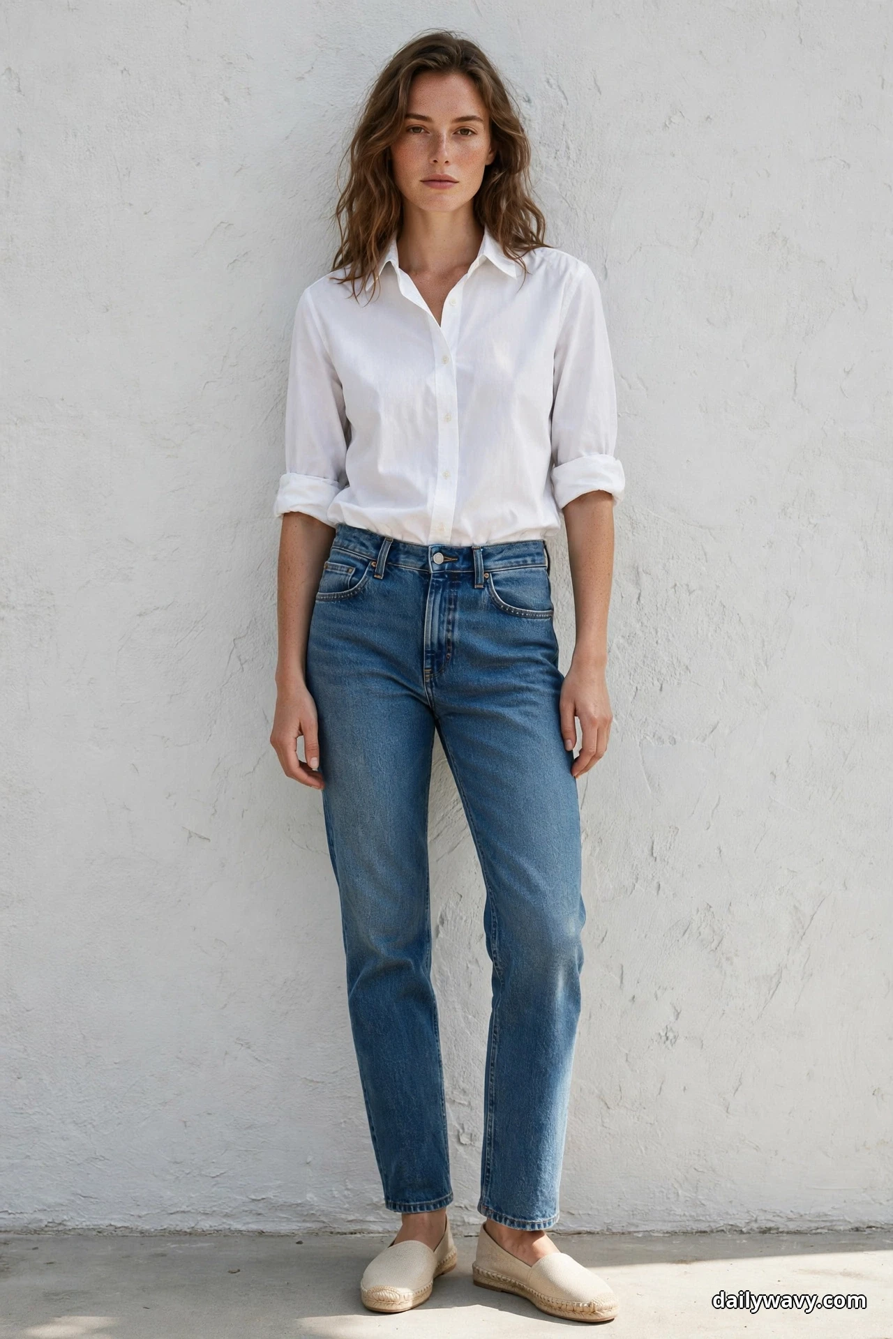 A woman wearing medium-wash straight jeans, a white button-down shirt with rolled sleeves and natural canvas espadrilles stands full length against a textured white wall with both espadrilles showing fully below the hems