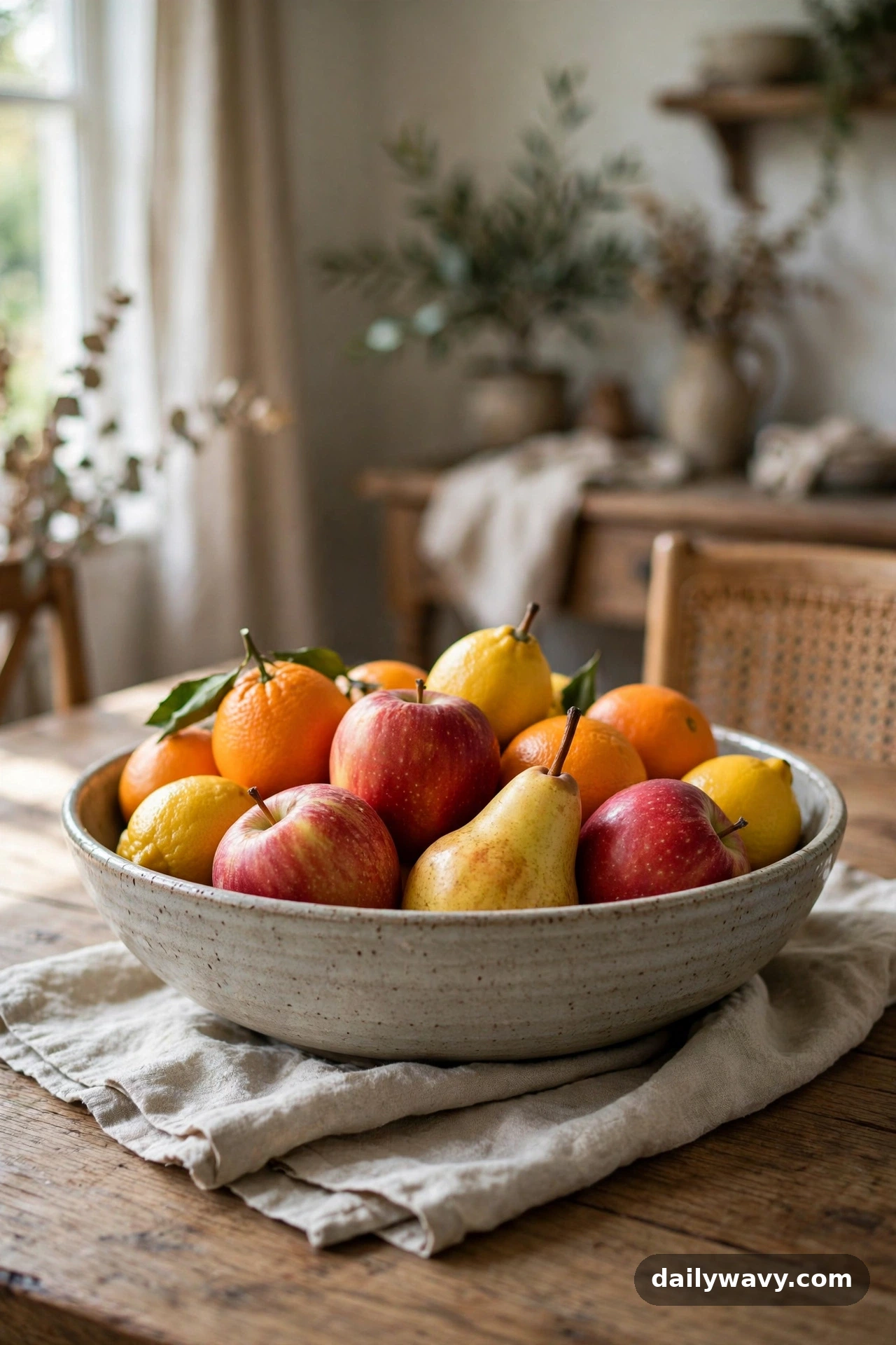 A bowl of seasonal fruit as a dinner table centerpiece