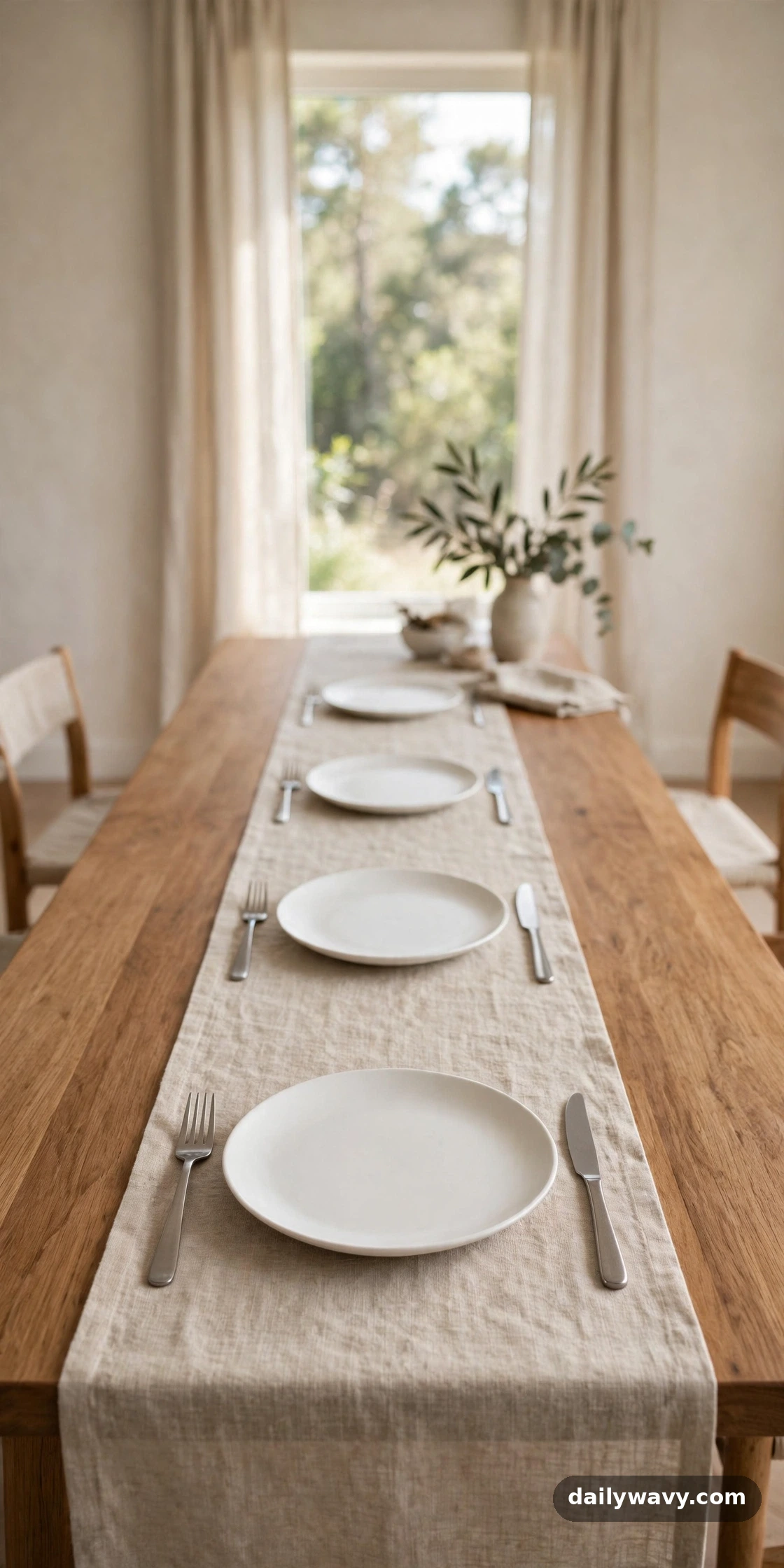 A narrow runner with plain plates on a dinner table