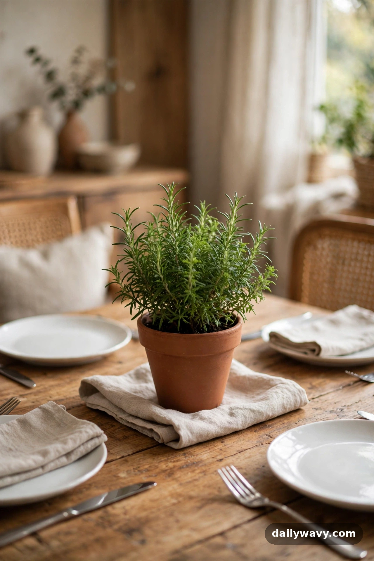 A potted herb centerpiece on a dinner table