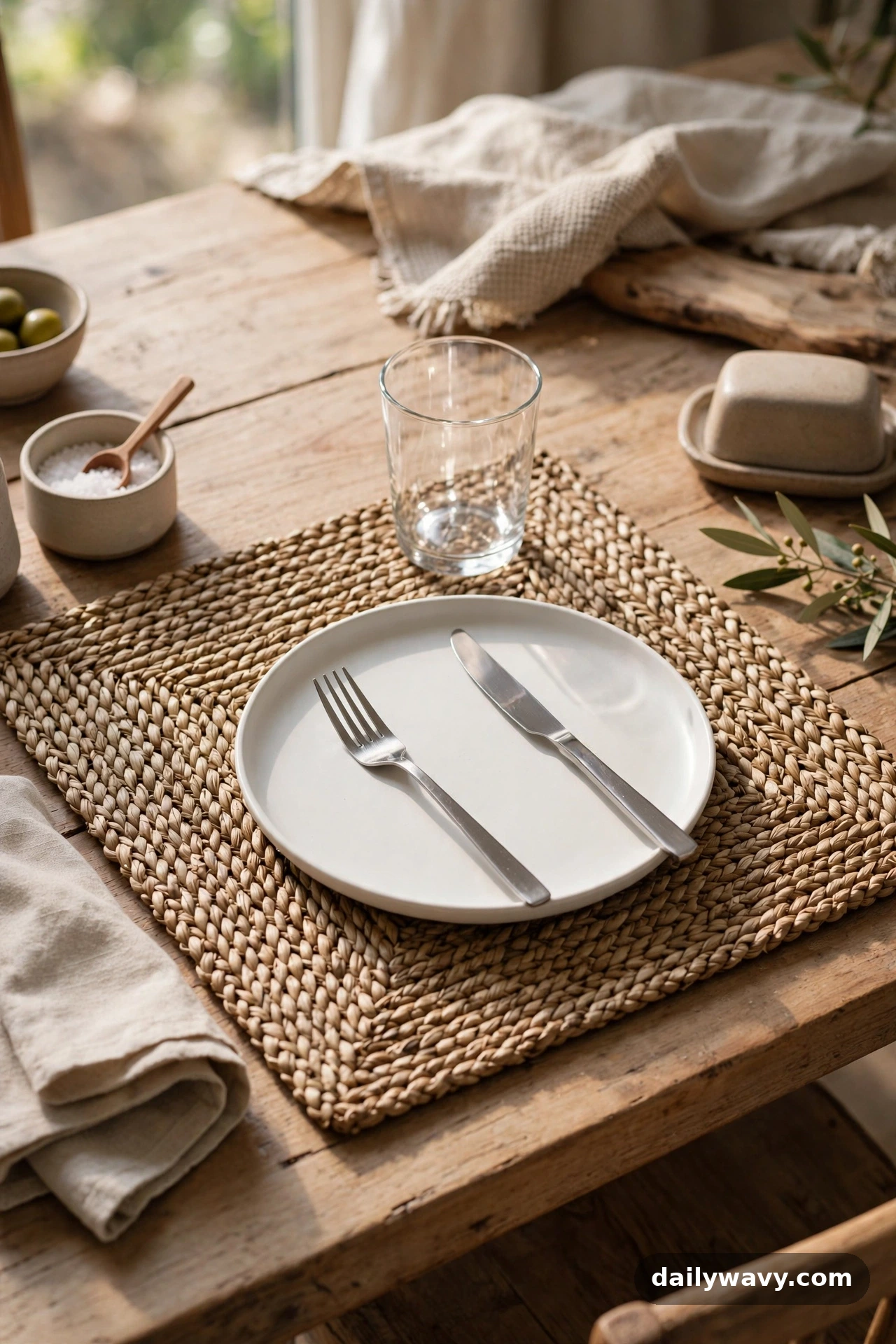 Woven placemats with clear glasses at each setting