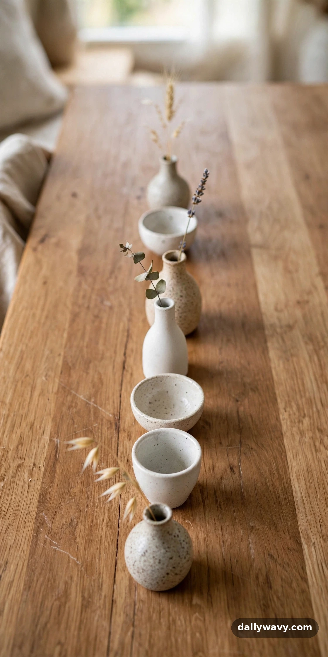 A row of tiny ceramic vessels down the center of the table