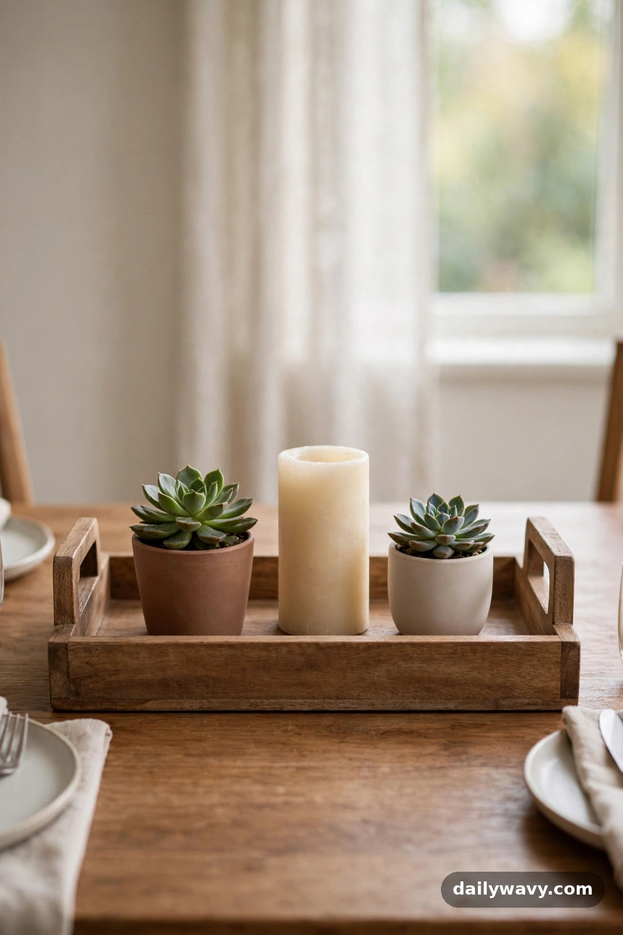 A wood tray with small plants on the dinner table