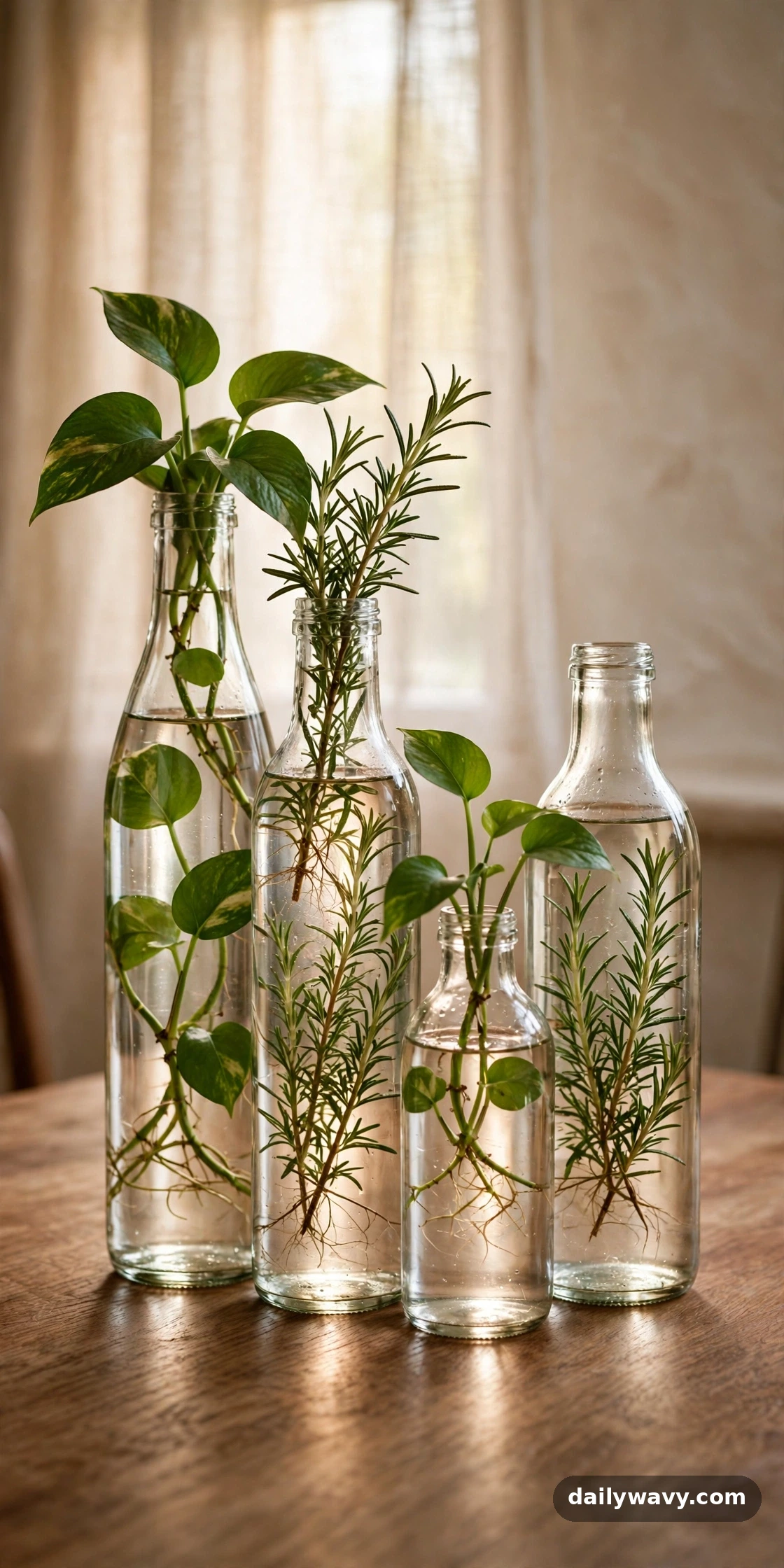 Clear bottles holding green cuttings on the dinner table