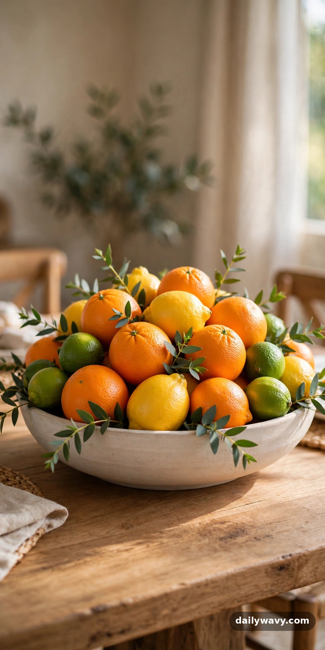 A bowl of citrus and leaves on the dinner table