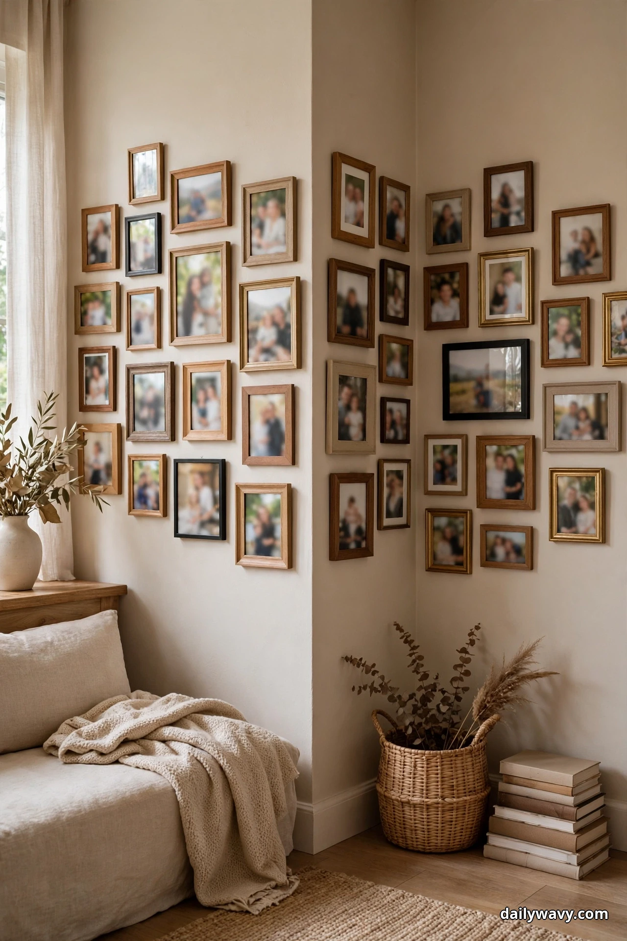 Dozens of mixed-size family photo frames in wood, black and gold finishes flow from one cream wall around a room corner onto the next wall
