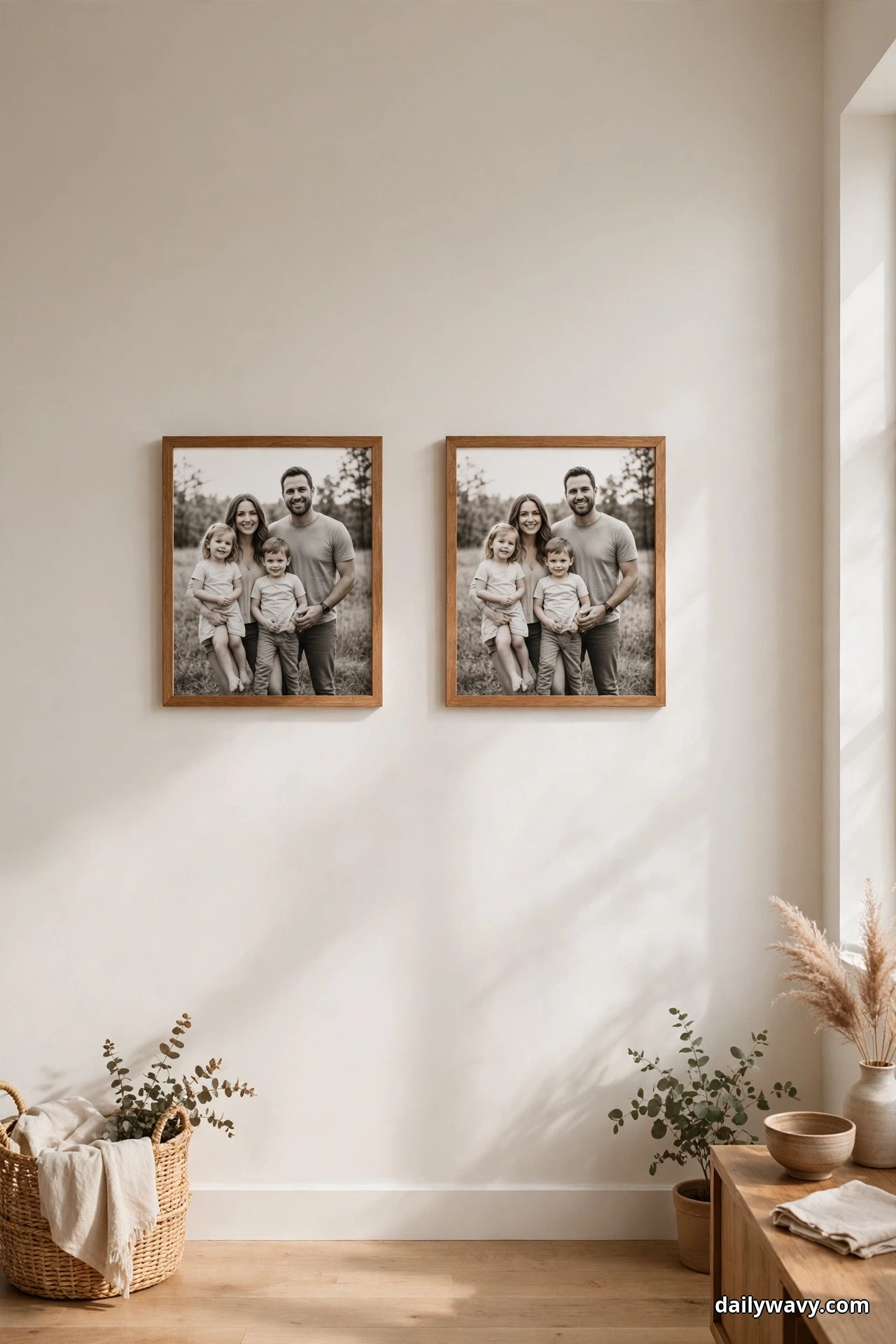Two matching oak frames holding the same black-and-white family portrait hang side by side with wide empty cream wall space around them