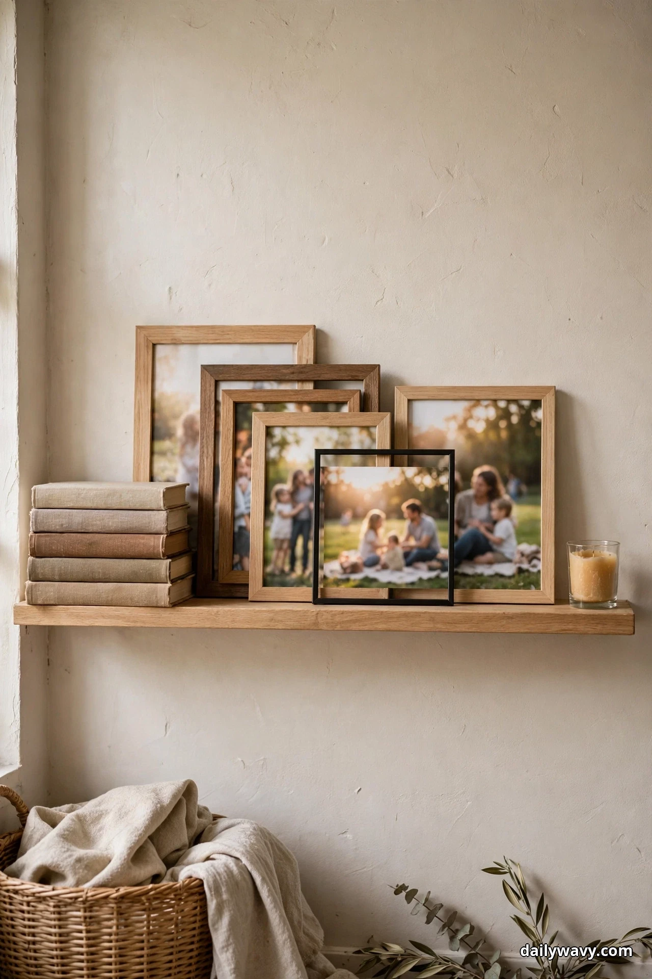 Family photo frames in oak and black finishes lean layered on a wall-mounted oak picture ledge, with a stack of clothbound books at one end and a candle in a glass holder at the other