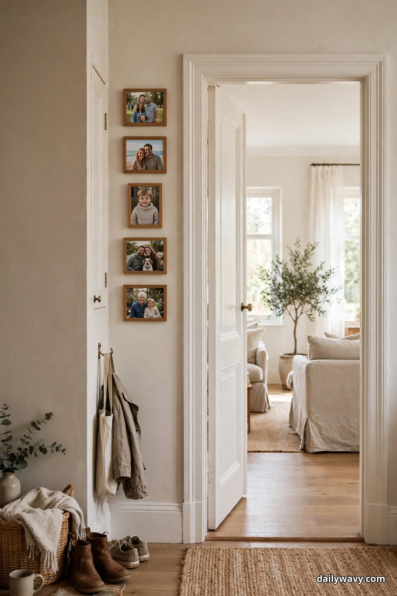 Five small oak-framed family photos stack vertically on the narrow wall strip beside a white-trimmed doorway, with a bright living room visible through the open door
