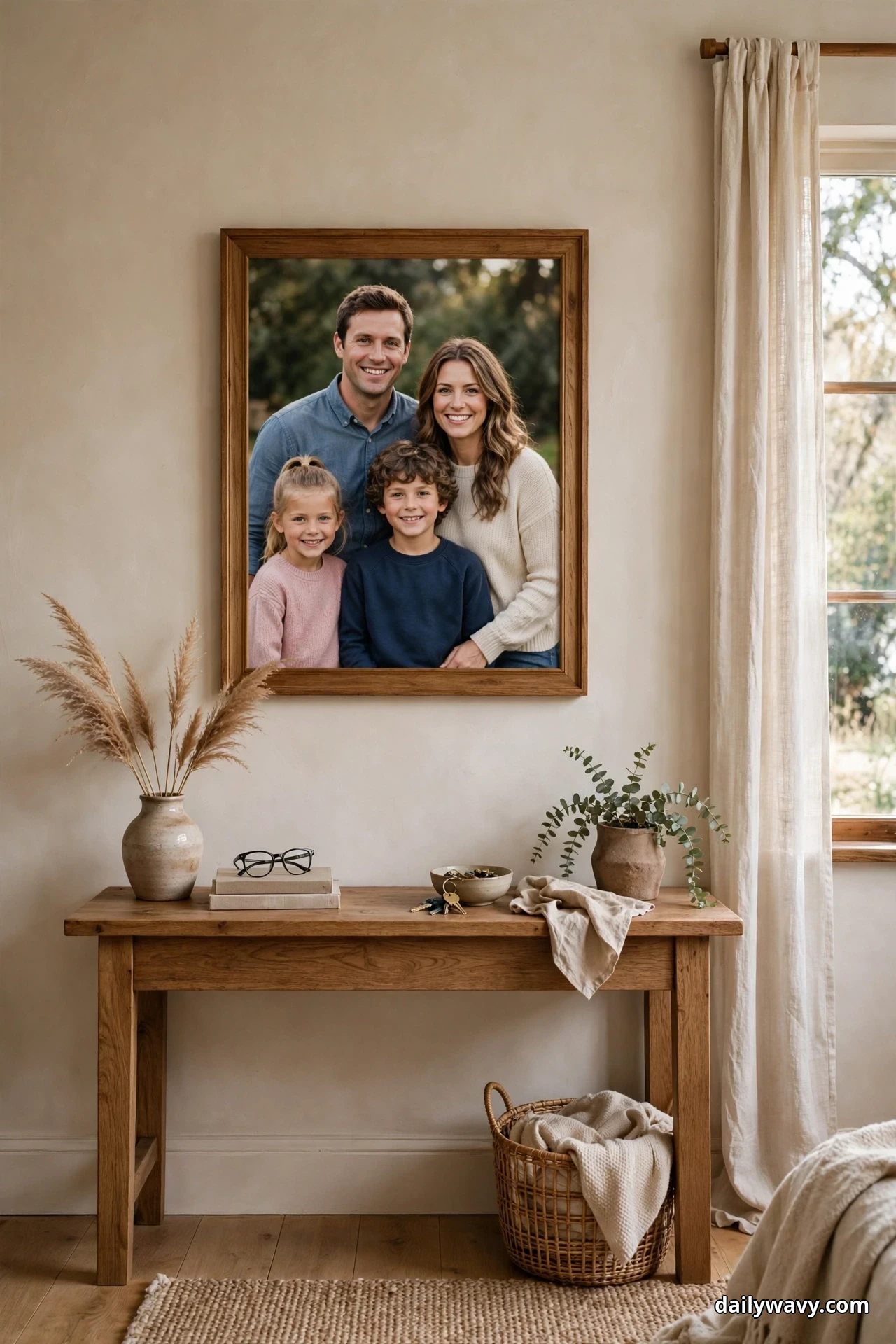 One oversized oak-framed family portrait of two parents and two children hangs centered above a wooden console table beside a curtained window