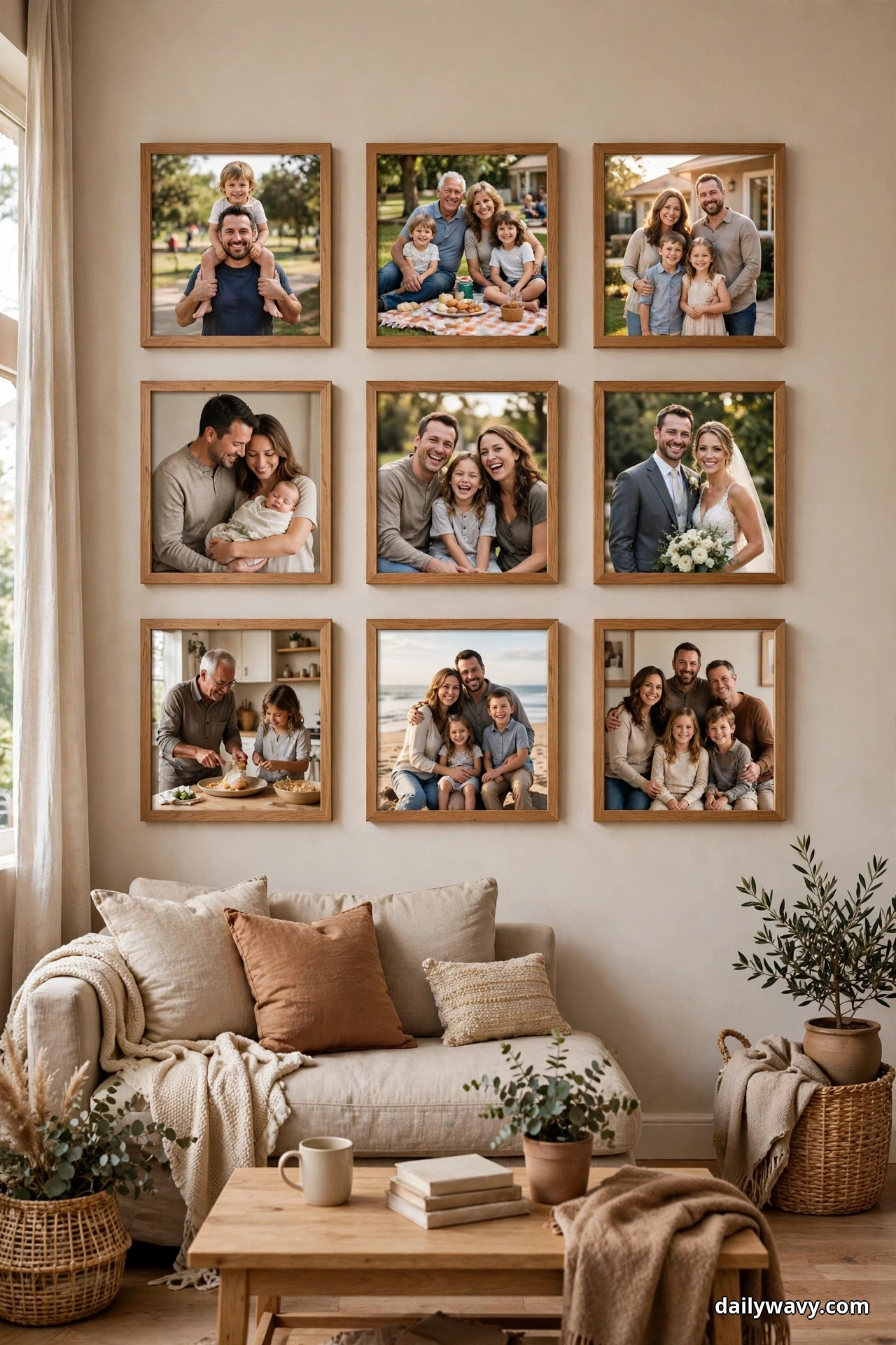 Nine matching square oak frames holding family photos hang in a neat three-by-three grid above a beige loveseat
