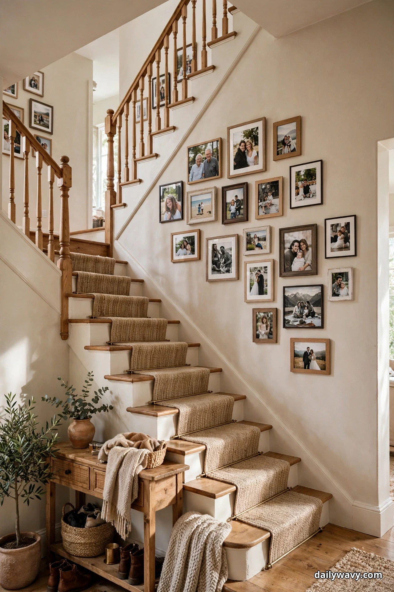 A loose cluster of mixed-size family photo frames in oak, walnut, black and white finishes climbs the wall beside a carpeted wooden staircase