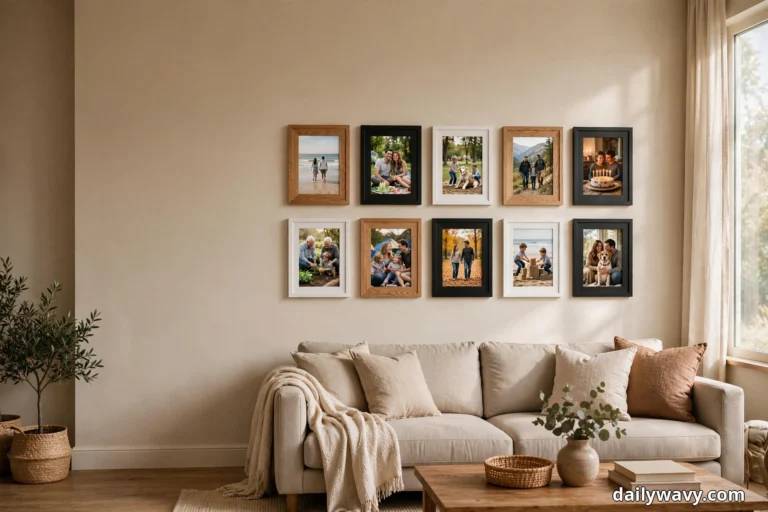 Ten family photo frames in warm oak, matte black and soft white finishes hang in two rows of five above a beige sofa on a warm cream living room wall