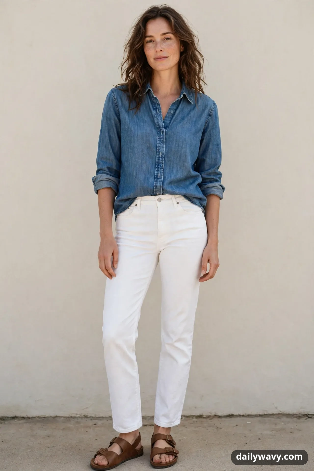 A woman stands against a plain wall in a buttoned chambray shirt with rolled sleeves, front-tucked into white straight-leg jeans, with brown leather buckle sandals.