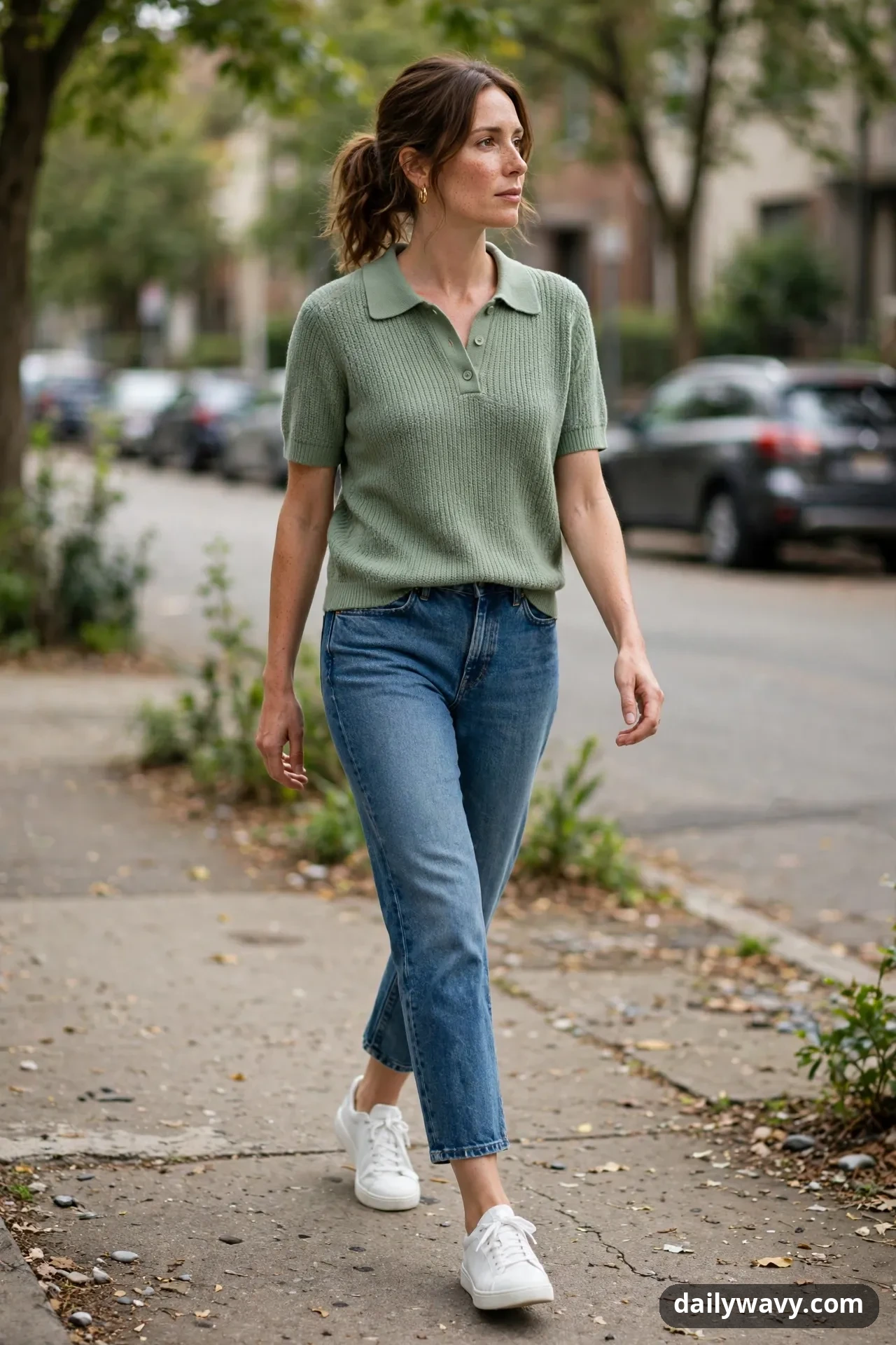A woman walks along a city sidewalk in a sage green short-sleeve knit polo tucked into cropped medium-wash jeans, with white sneakers.