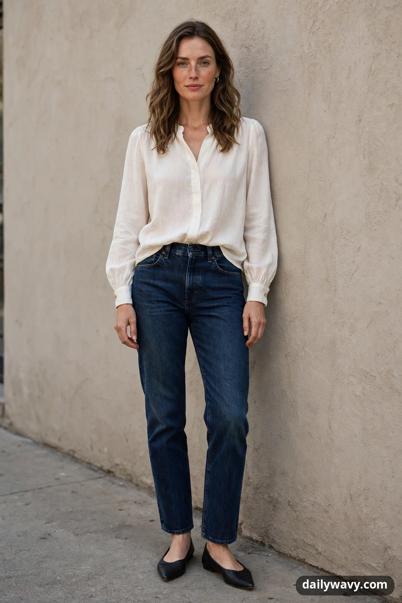A woman leans against a stucco wall in an ivory long-sleeve blouse front-tucked into dark indigo straight-leg jeans, with black pointed ballet flats.